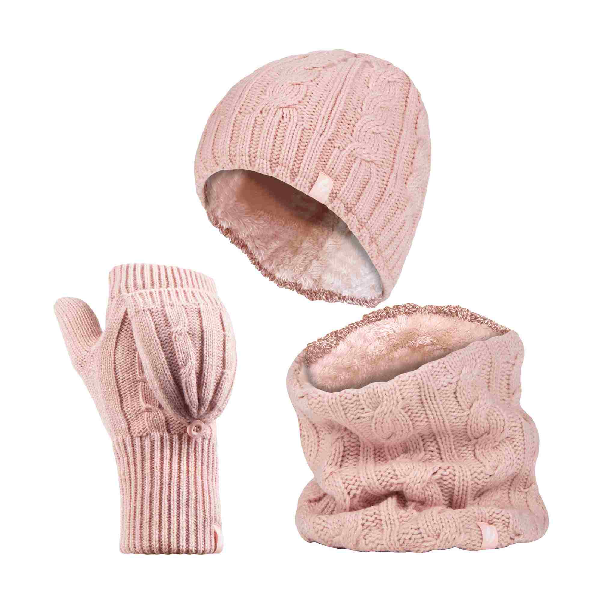 Ladies Fleece Lined Thermal Winter Hat, Neck Warmer & Converter Gloves Set – One Size Dusky Pink Ladies Fleece Lined Thermal Winter Hat, Neck Warmer & Converter Gloves Set – One Size Dusky Pink