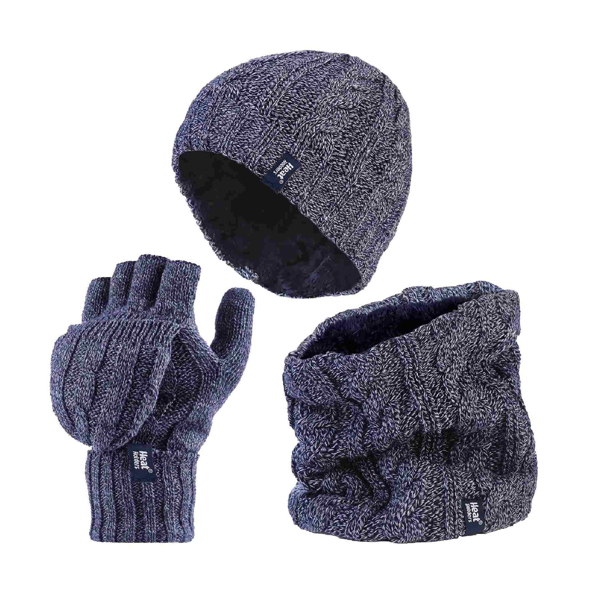 Ladies Fleece Lined Thermal Winter Hat, Neck Warmer & Converter Gloves Set – One Size Blue Ladies Fleece Lined Thermal Winter Hat, Neck Warmer & Converter Gloves Set – One Size Blue