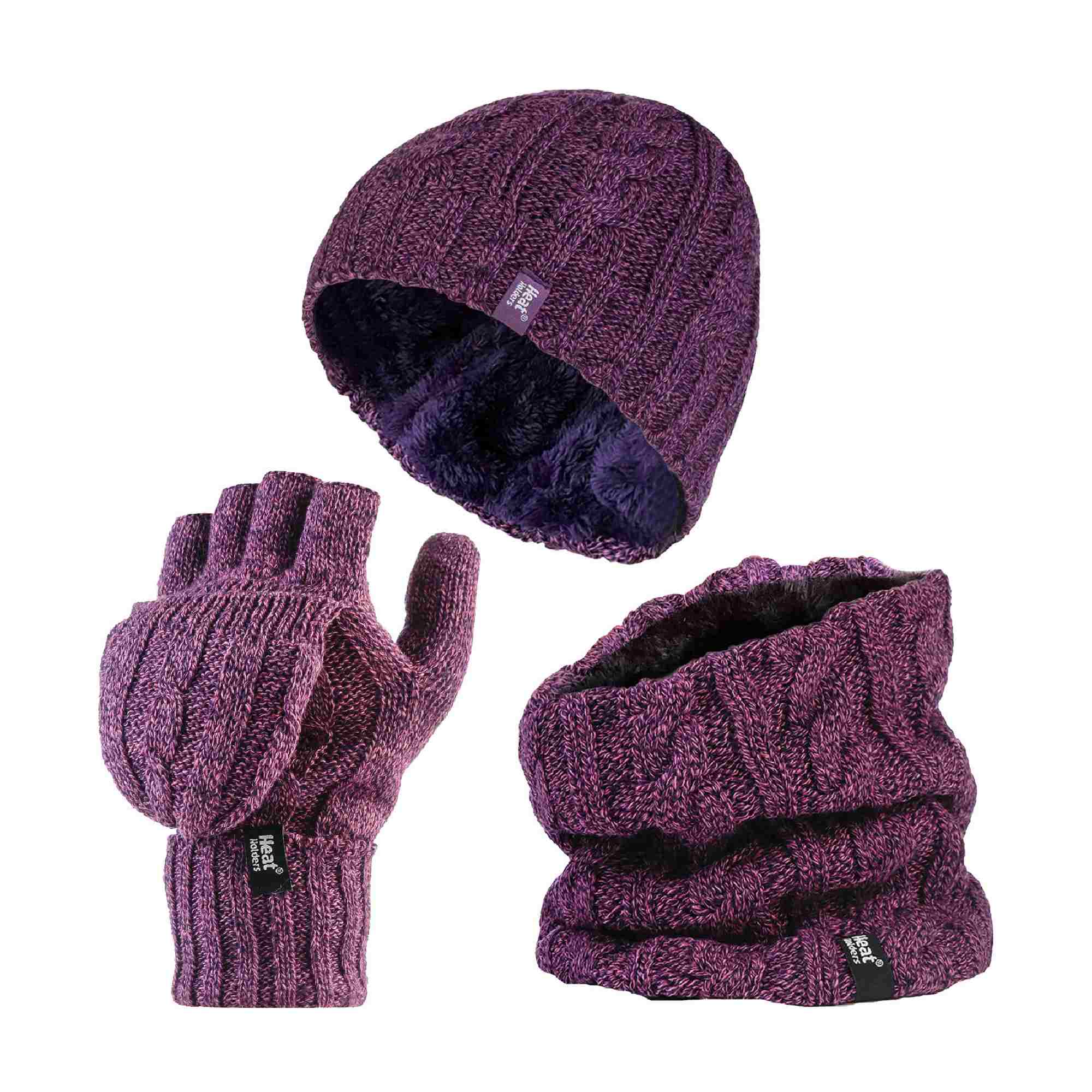Ladies Fleece Lined Thermal Winter Hat, Neck Warmer & Converter Gloves Set – One Size Purple