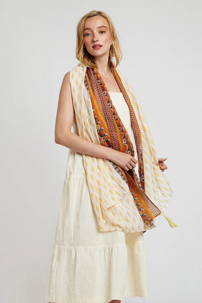 Hadlet Mustard Border Boho Scarf – EcruMustard