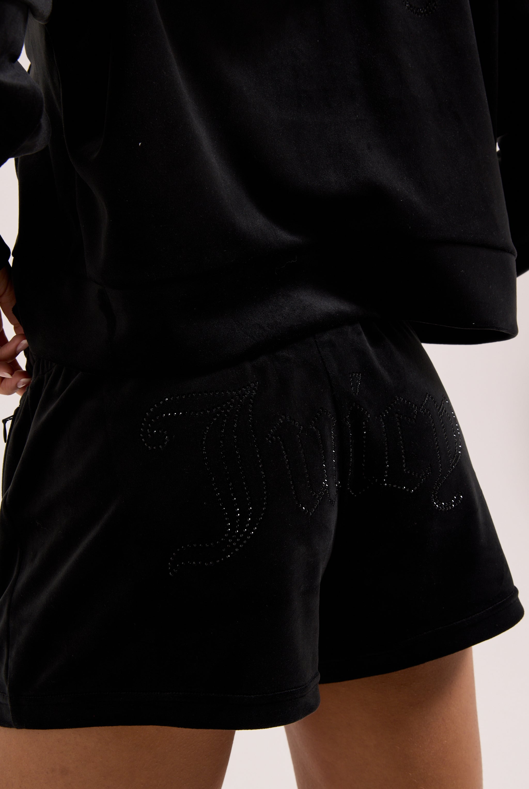 BLACK VELOUR OUTLINE DIAMANTÉ TRACK SHORTS – XX Black BLACK VELOUR OUTLINE DIAMANTÉ TRACK SHORTS – XX Black