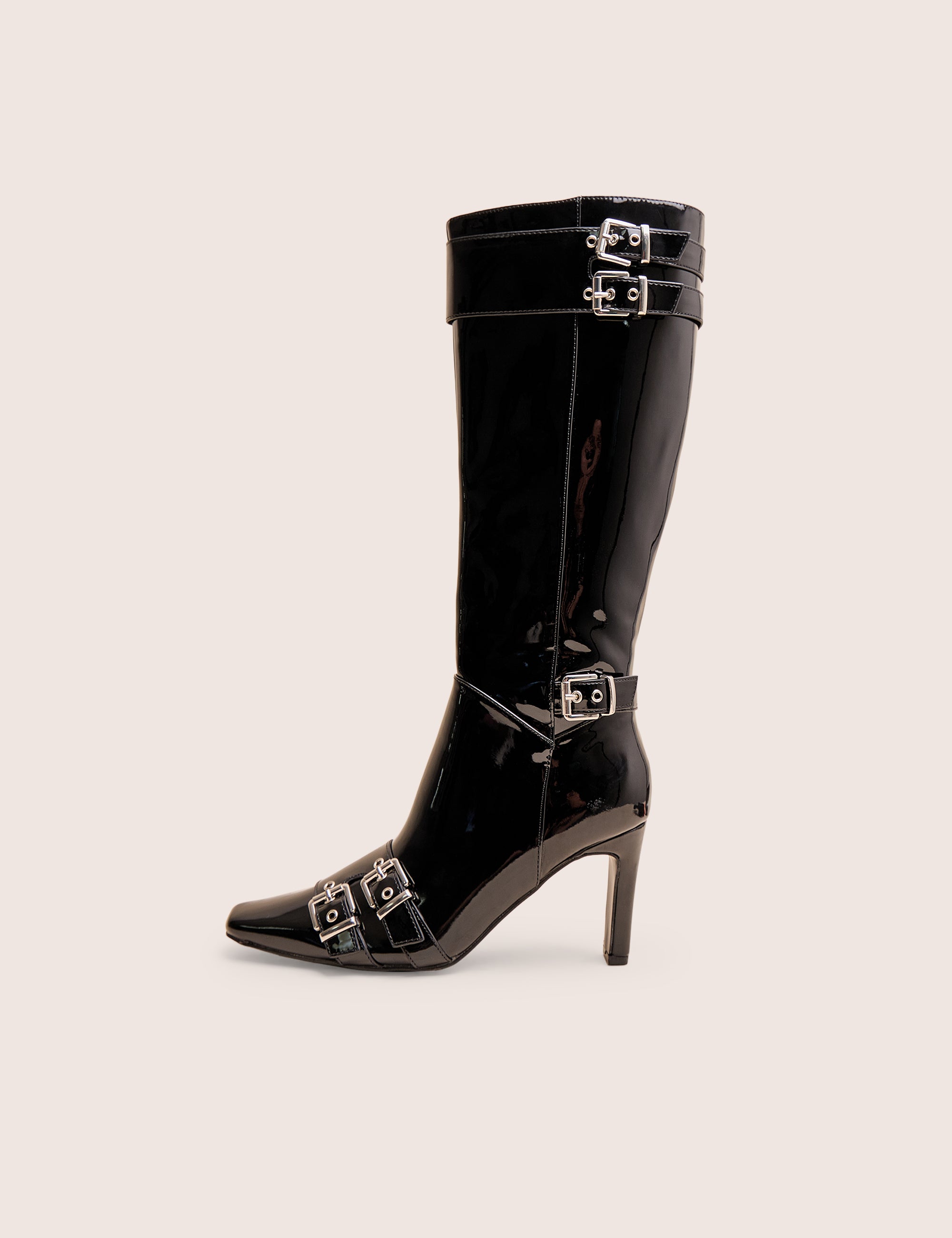 Ines Black Patent Buckle Detail Knee High Heeled Boots Ines Black Patent Buckle Detail Knee High Heeled Boots