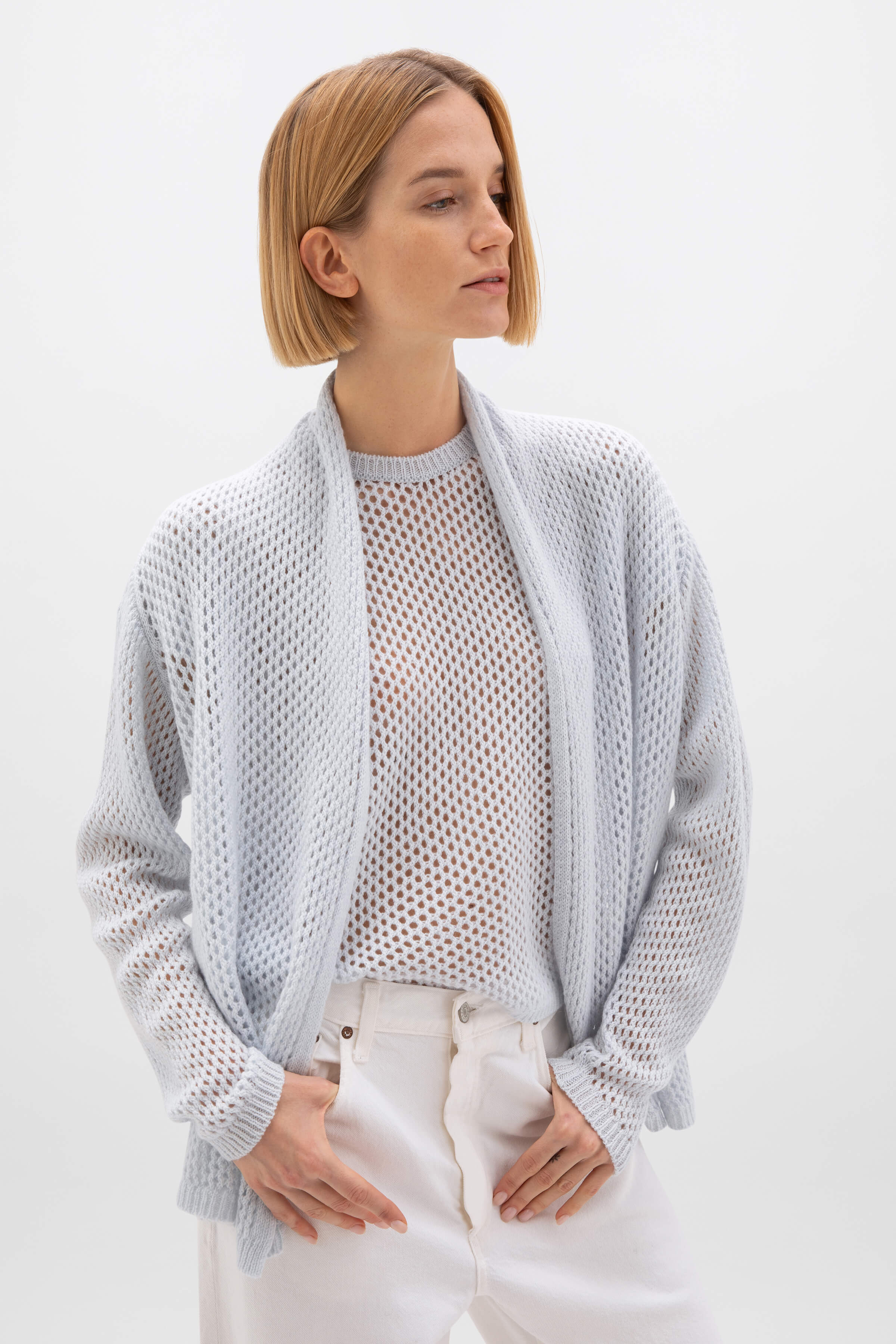 Crochet Light Blue Cashmere Shawl Collar Cardigan Crochet Light Blue Cashmere Shawl Collar Cardigan