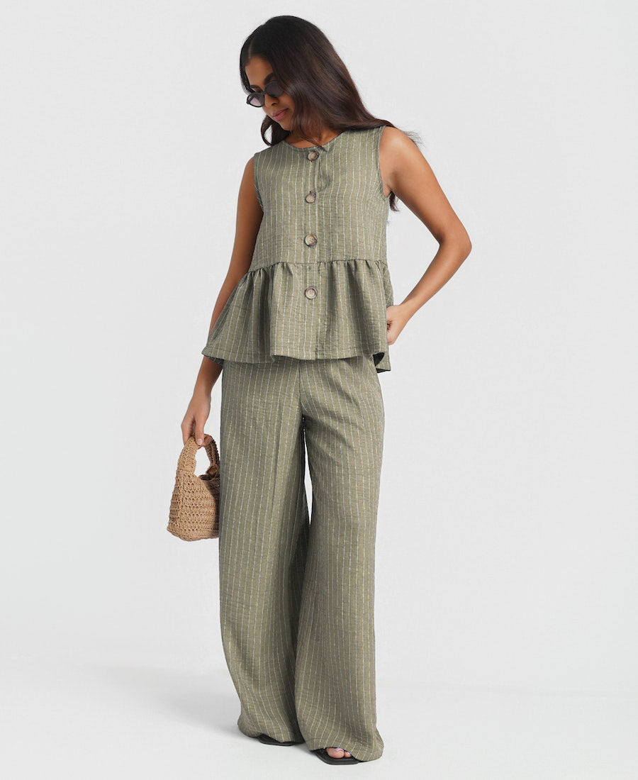 Khaki Stripe Wide Leg Trousers
