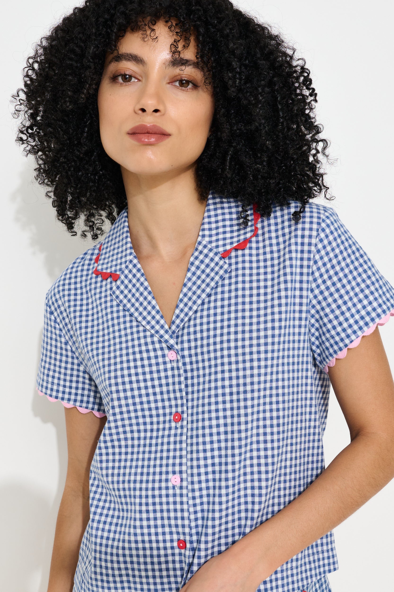 Marika Gingham Ric Rac Trim Resort Shirt – Blue