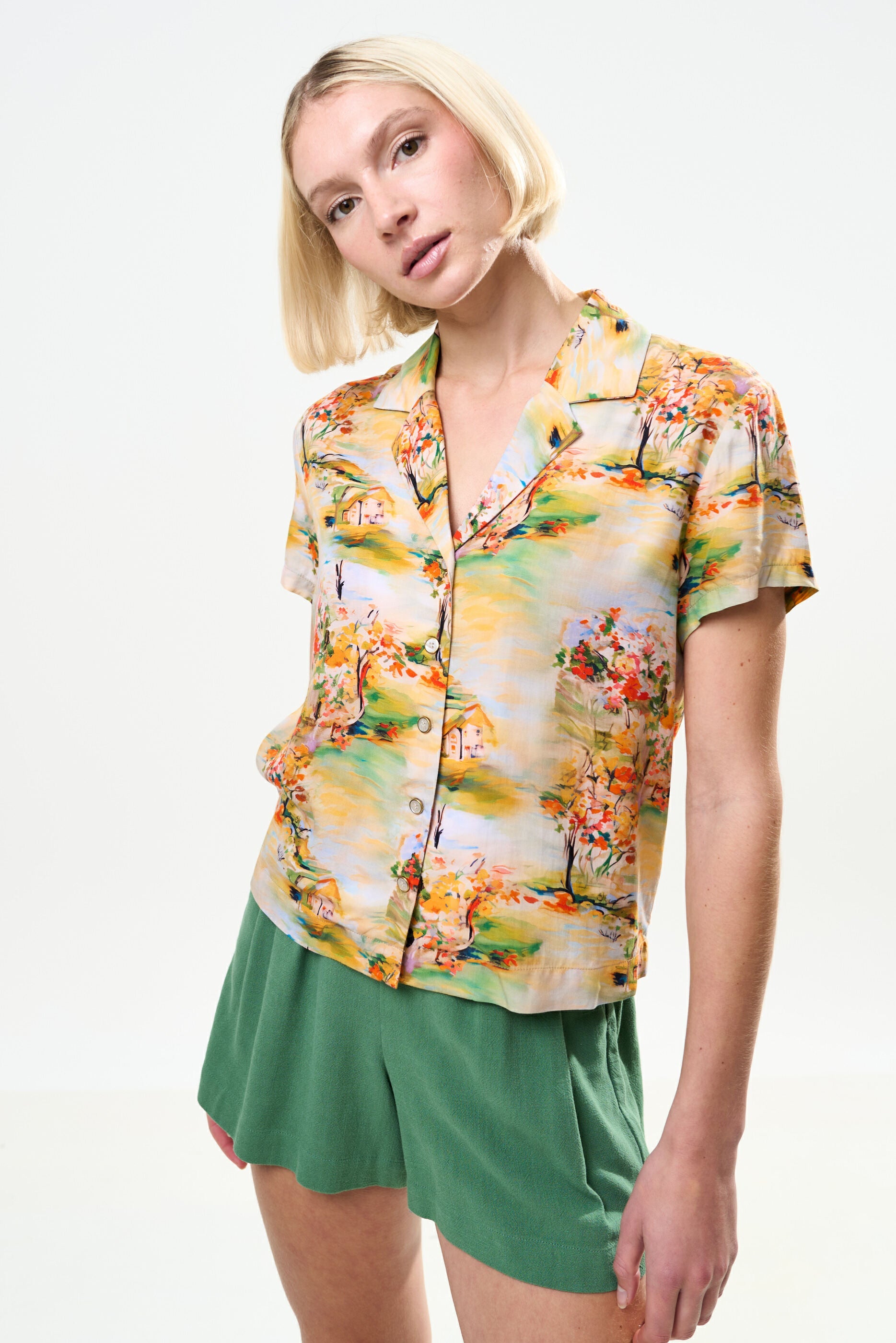 Marika Oriental Landscape Print Resort Shirt – Yellow