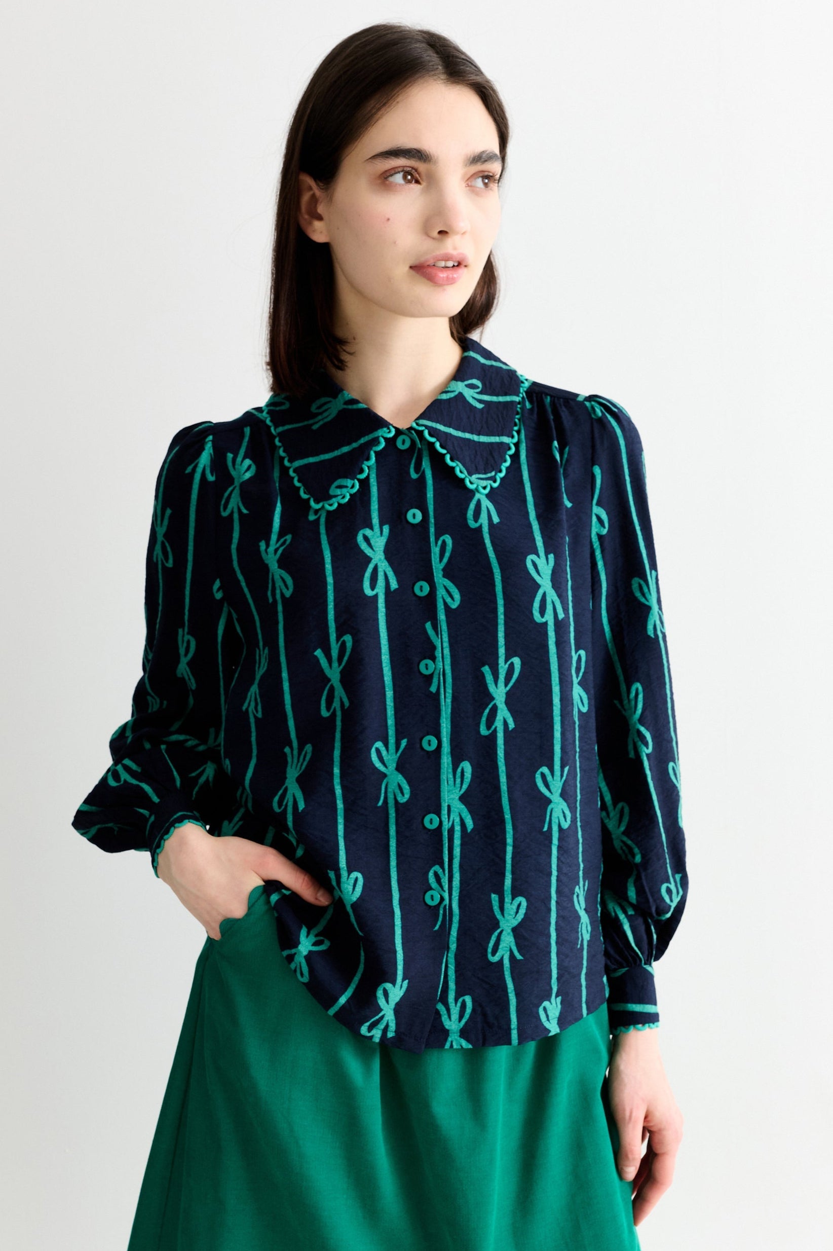 Martta Tie Up Lace Trimmed Collar Blouse – Navy
