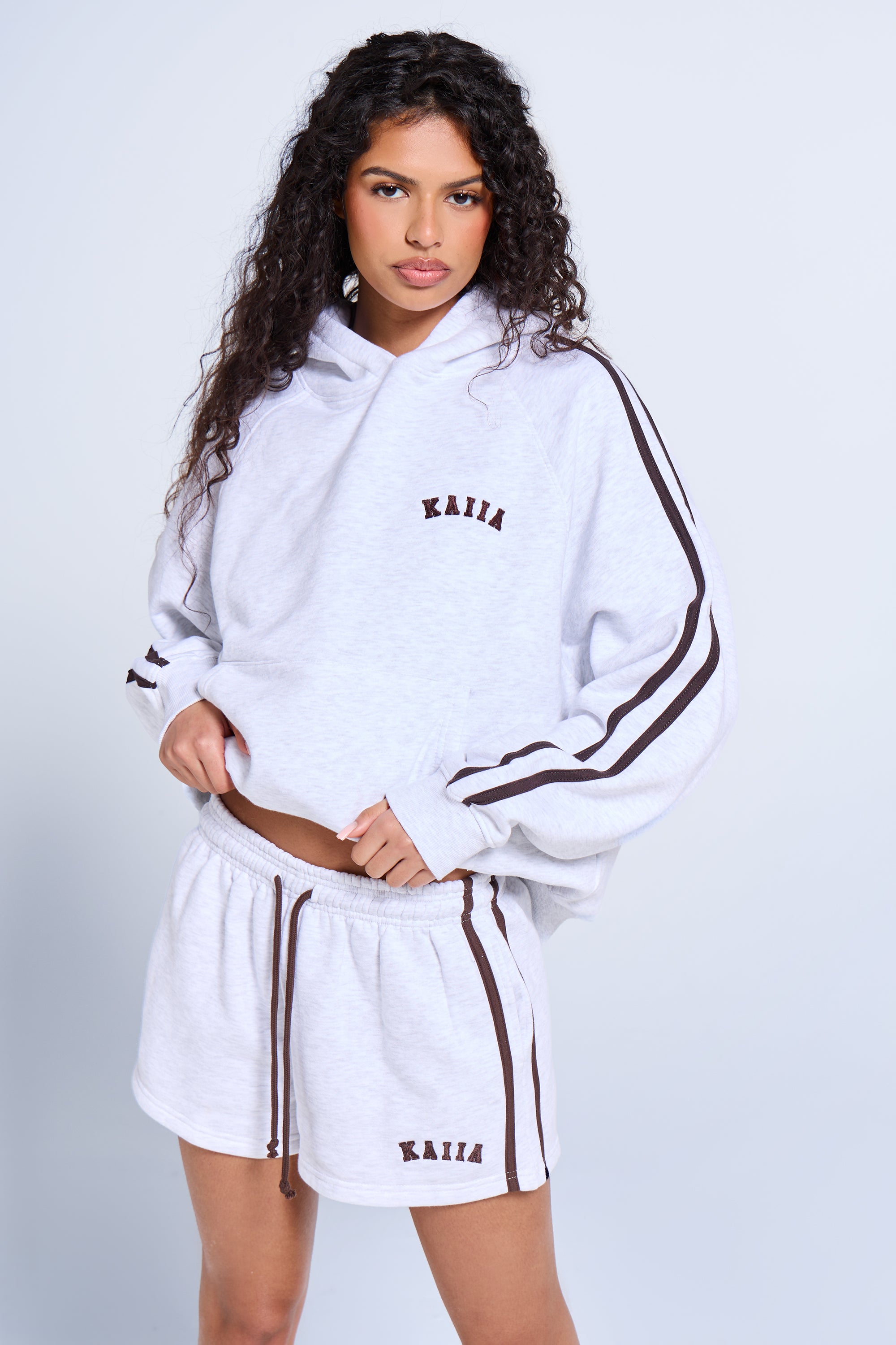 Kaiia Sport Side Stripe Oversized Hoodie Light Grey Marl & Brown