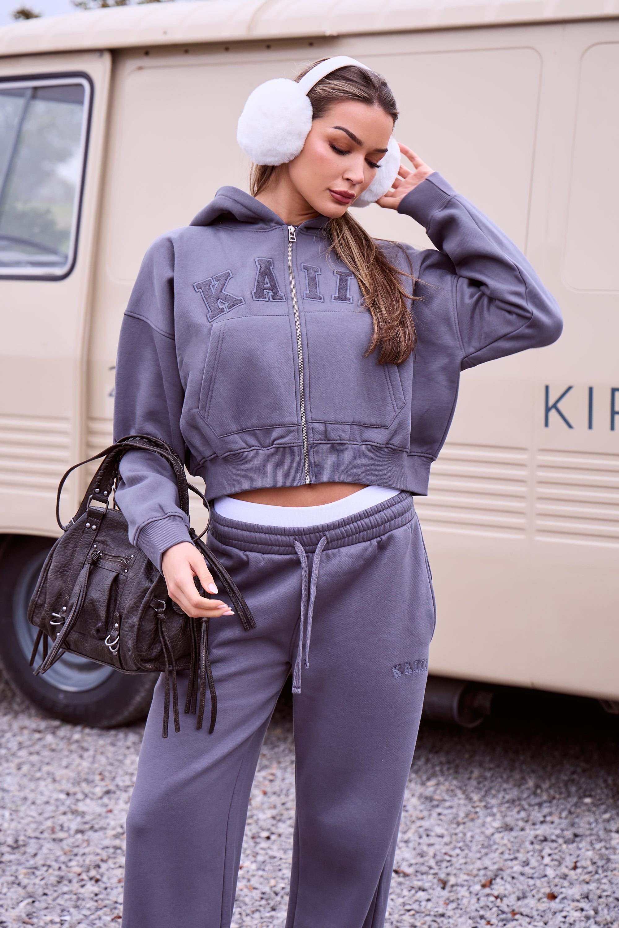 Kaiia Slogan Oversized Zip Through Hoodie Petrol Grey Kaiia Slogan Oversized Zip Through Hoodie Petrol Grey