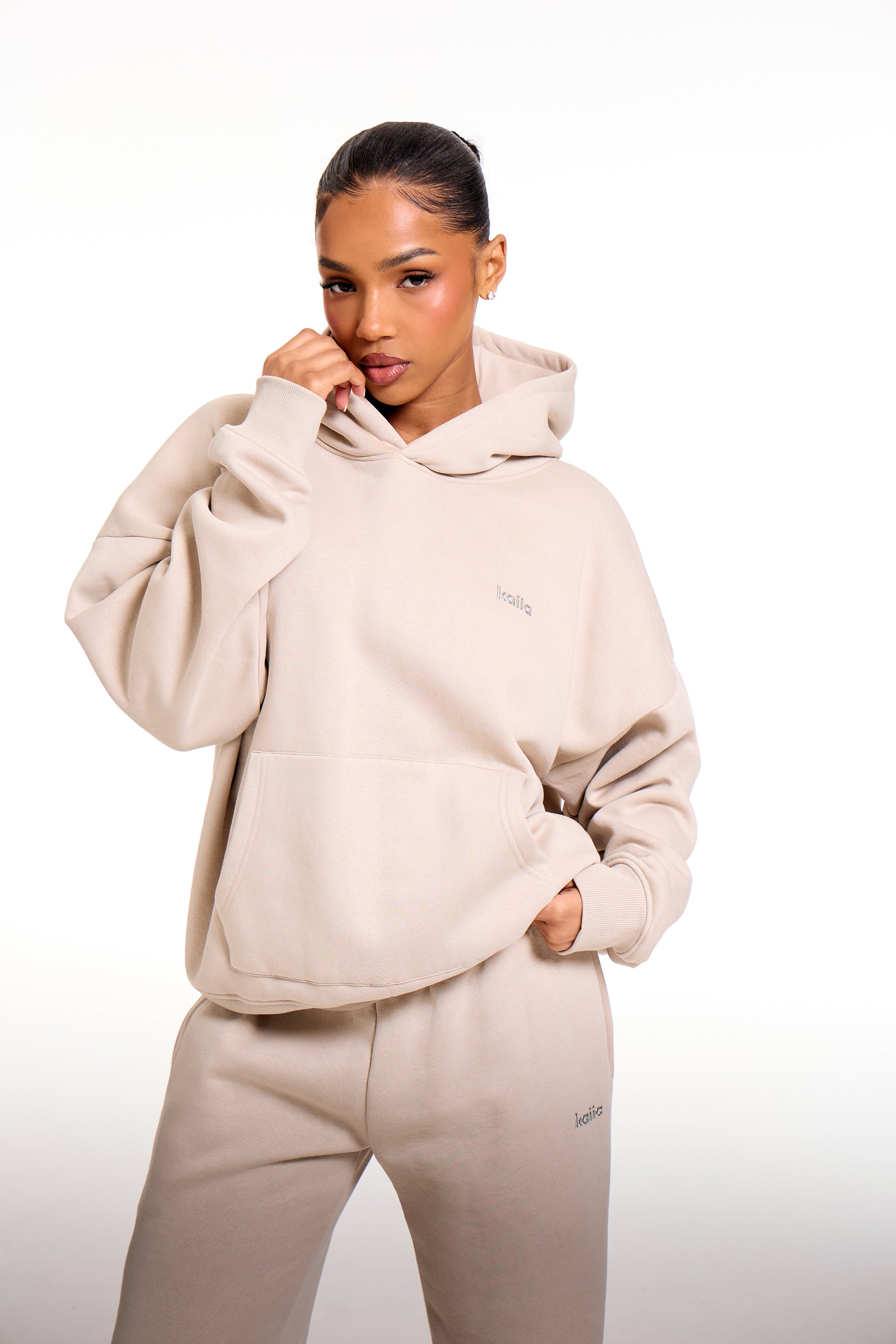 Kaiia Chrome Logo Oversized Hoodie Ash Taupe Kaiia Chrome Logo Oversized Hoodie Ash Taupe