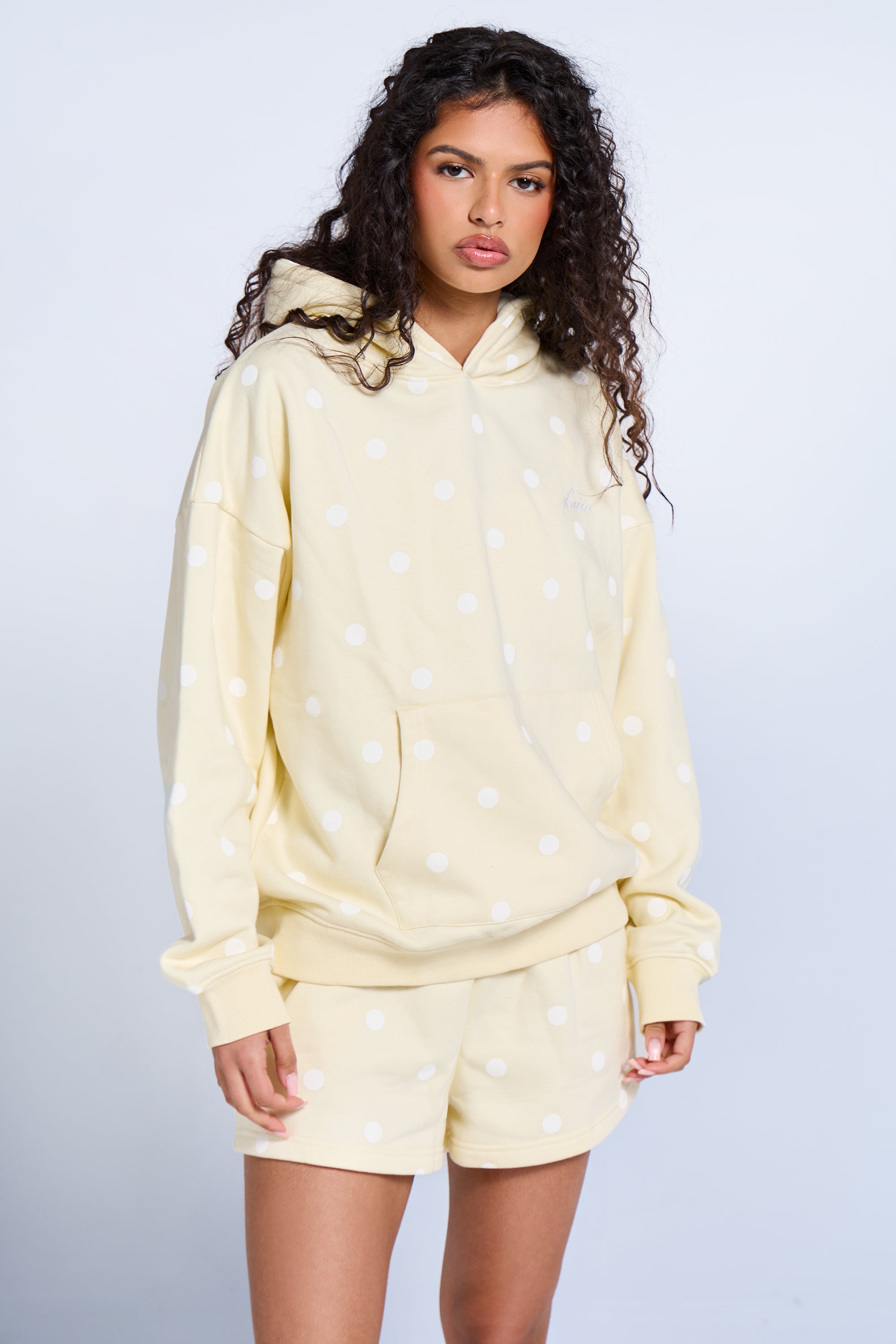 Kaiia Polka Dot Oversized Hoodie Lemon & White