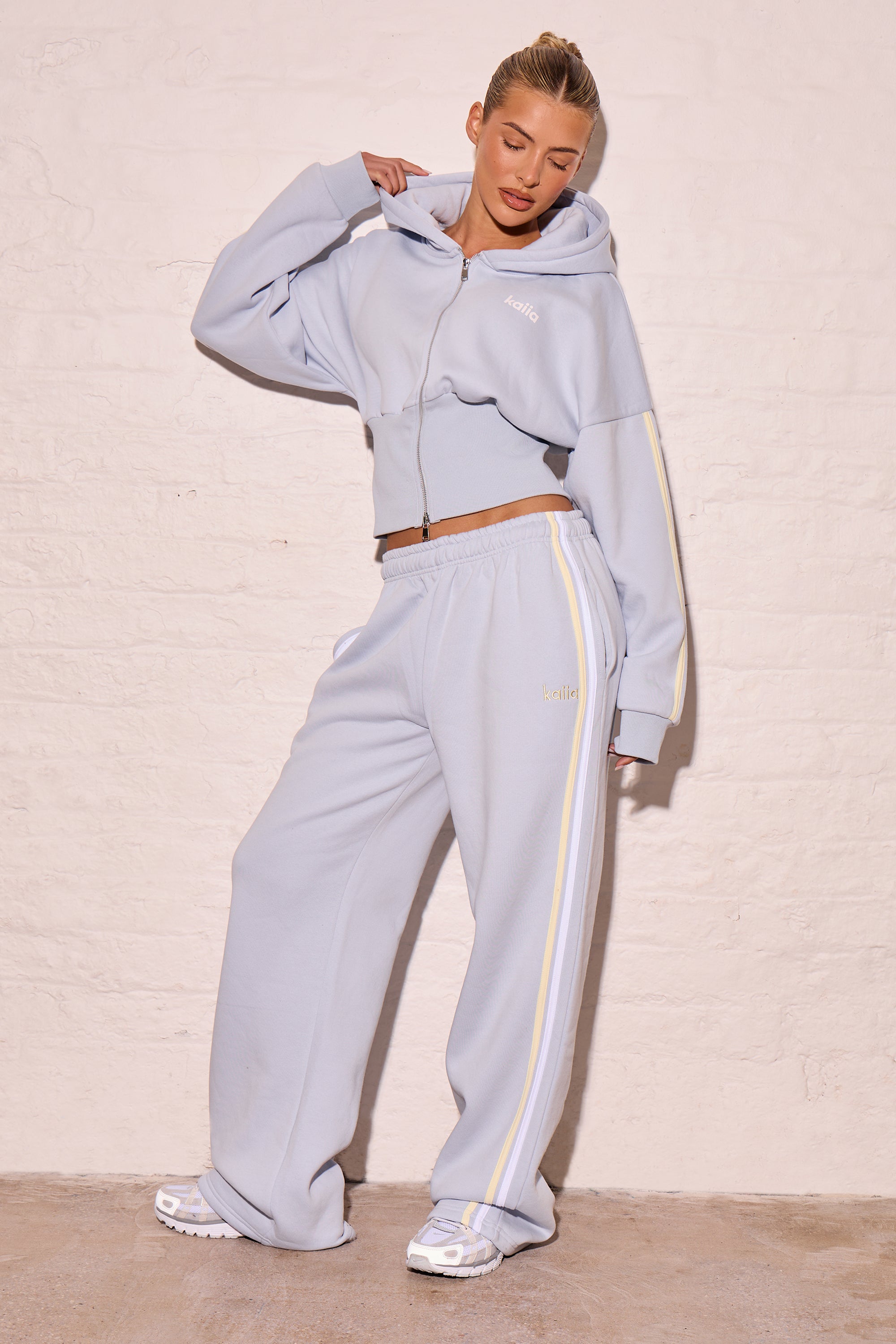 Kaiia Side Stripe Wide Leg Joggers Dusty Blue & Lemon