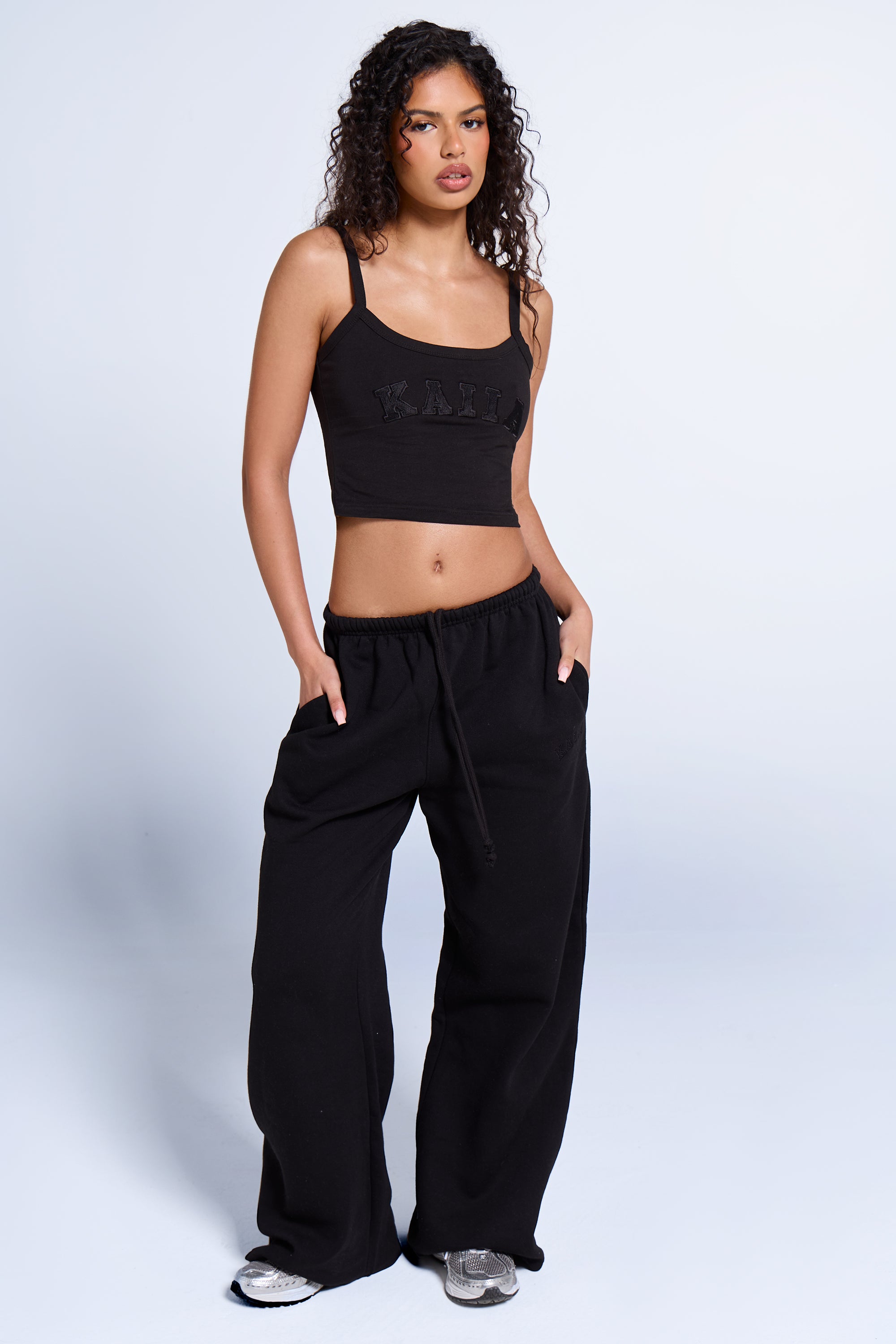 Kaiia Logo Wide Leg Joggers Black On Black Kaiia Logo Wide Leg Joggers Black On Black