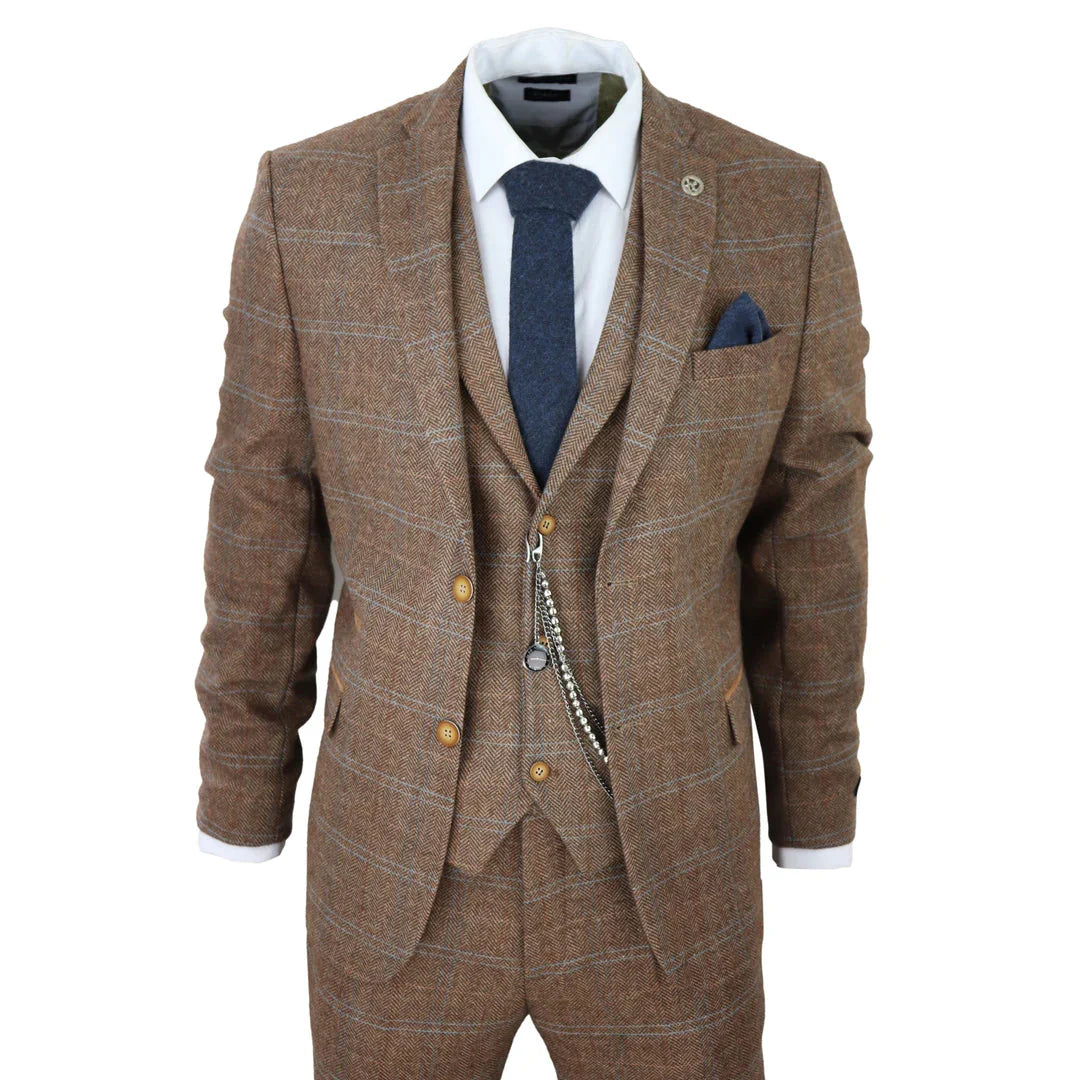 STZ – Men’s Piece Suit Wool Tweed Herringbone Tan Brown Blue Check s Gatsby Formal Dress Suits – ” Jacket ” Trousers