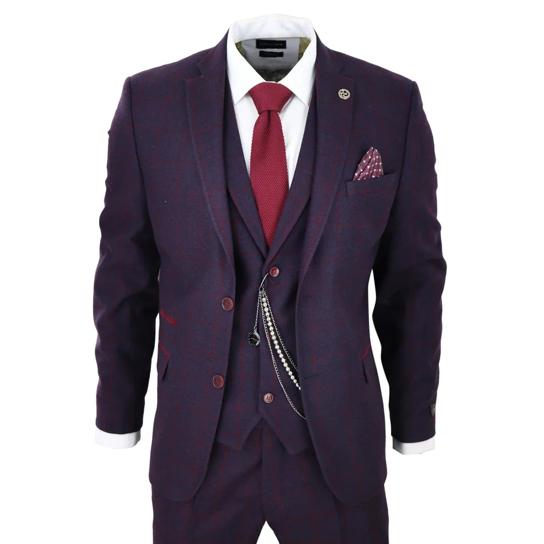 STZ – Men’s Piece Suit Wool Tweed Plum Wine Check s Gatsby Formal Dress Suits – ” Jacket ” Trousers