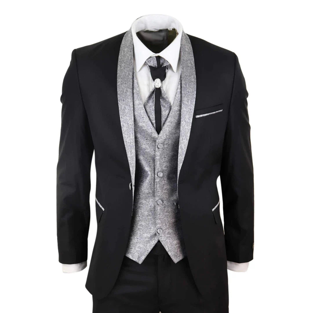 Sal-Yaica – Men’s Piece Wedding Suit Groom Shawl Collar Black Silver Cravat – ” Jacket ” Trousers