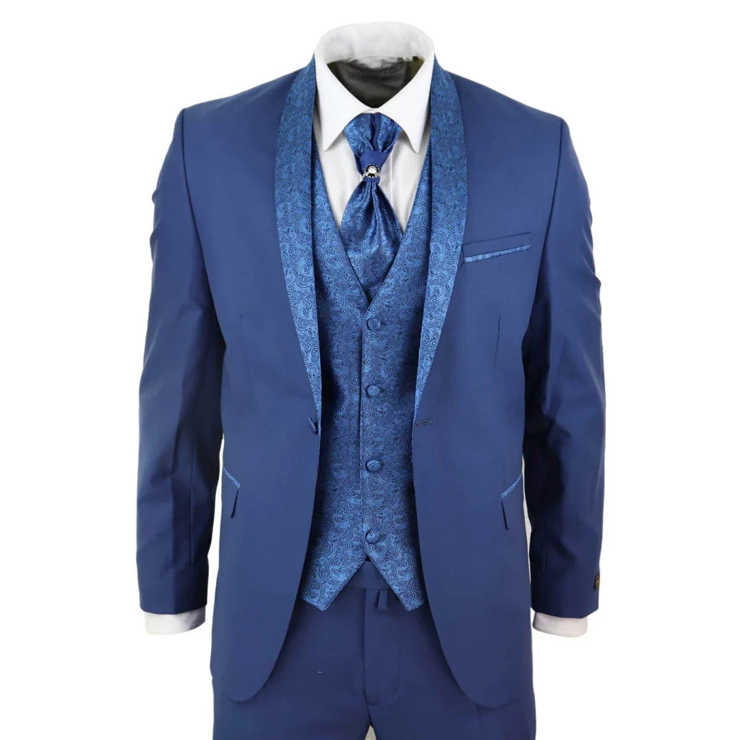 Sal-Yaica – Men’s Piece Wedding Suit Groom Shawl Collar Blue Cravat – ” Jacket ” Trousers