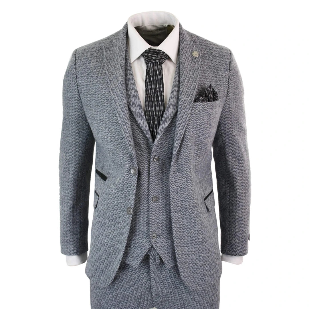 STZ – Men’s Light Grey Piece Tweed Suit Herringbone Wool – ” Jacket ” Trousers