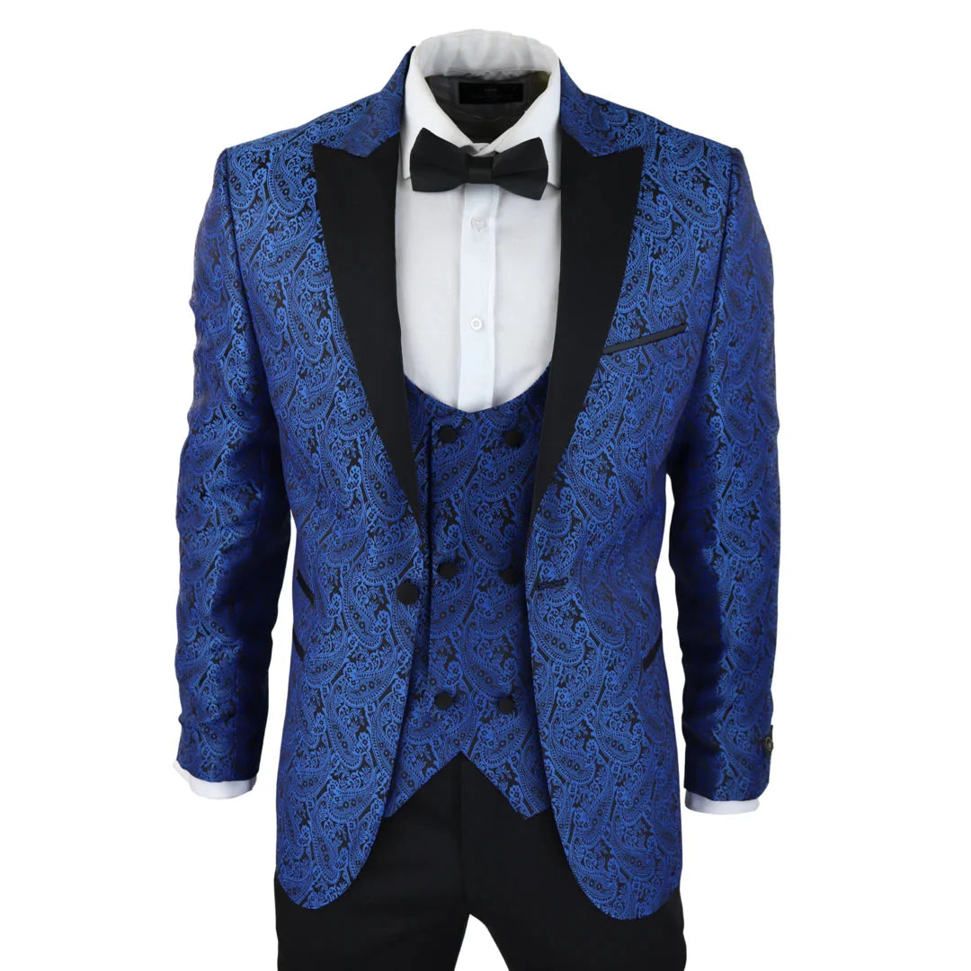 STZ – Men’s Black Blue Paisley Tuxedo Blazer And Waistcoat Dinner Jacket Satin