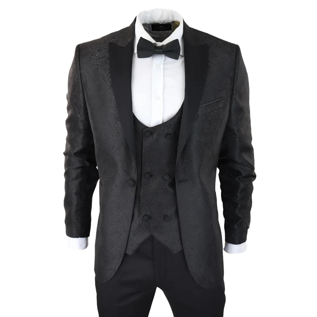 STZ – Men’s Black Paisley Tuxedo Blazer And Waistcoat Dinner Jacket Satin