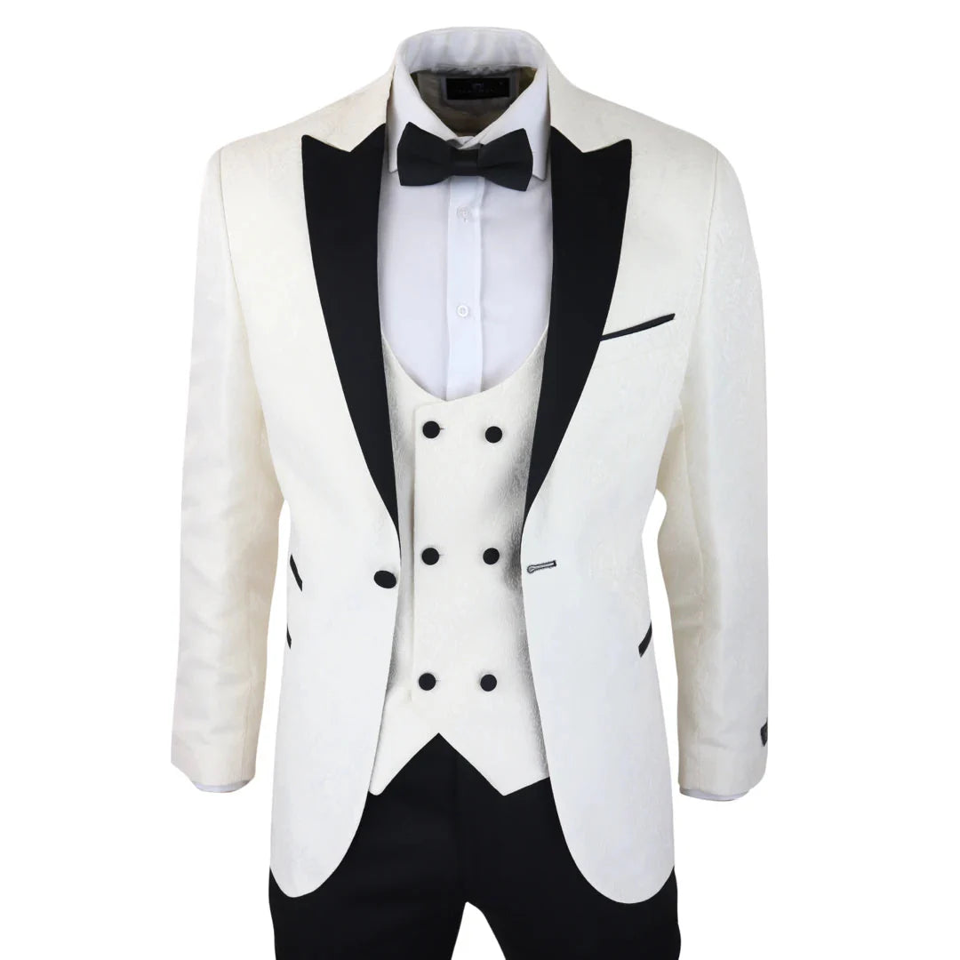 STZ – Men’s Ivory Black Paisley Tuxedo Blazer And Waistcoat Dinner Jacket Satin