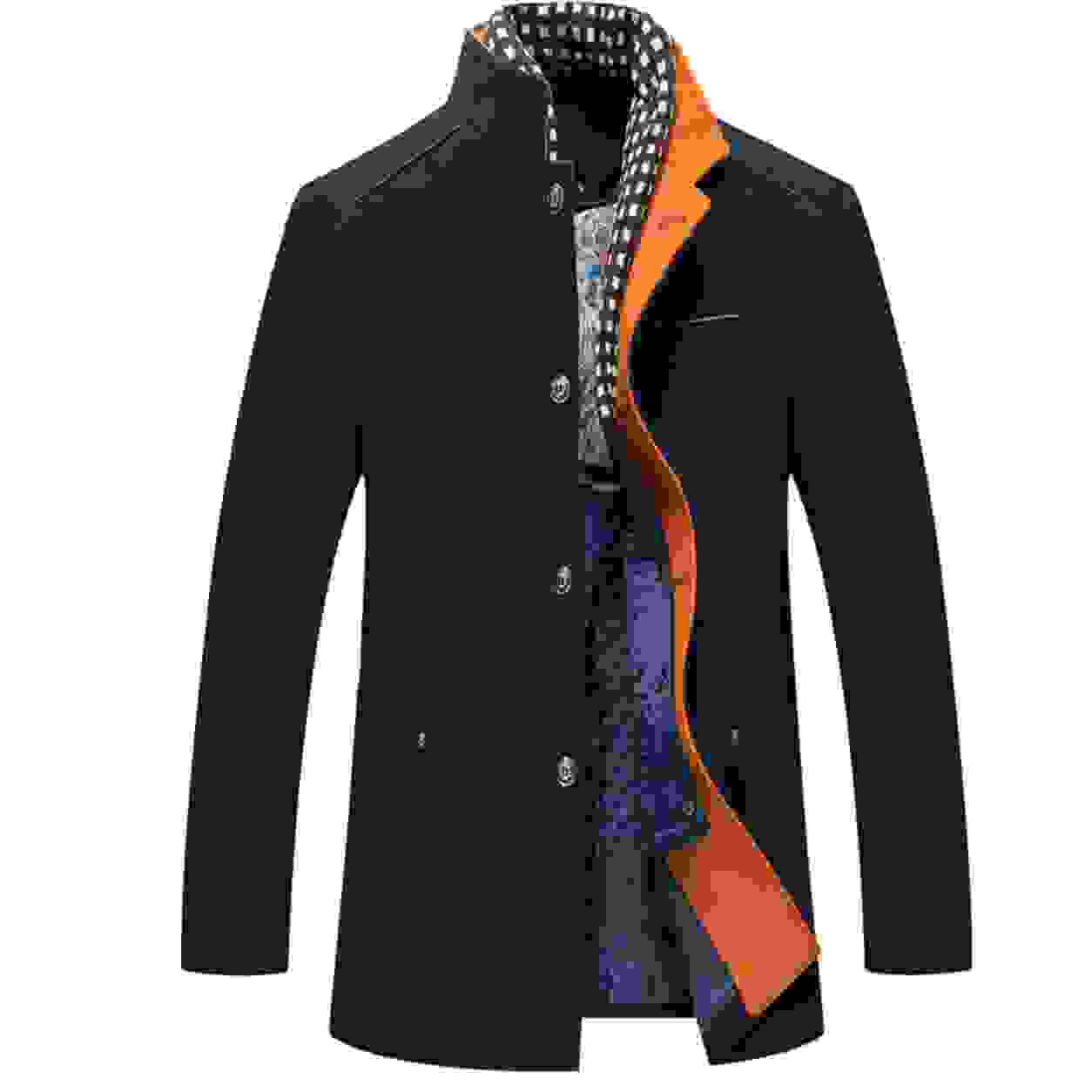 Mens Winter Wool Coat Thick Stand Collar With Scarf Navy Blue Size M, Biutimarden