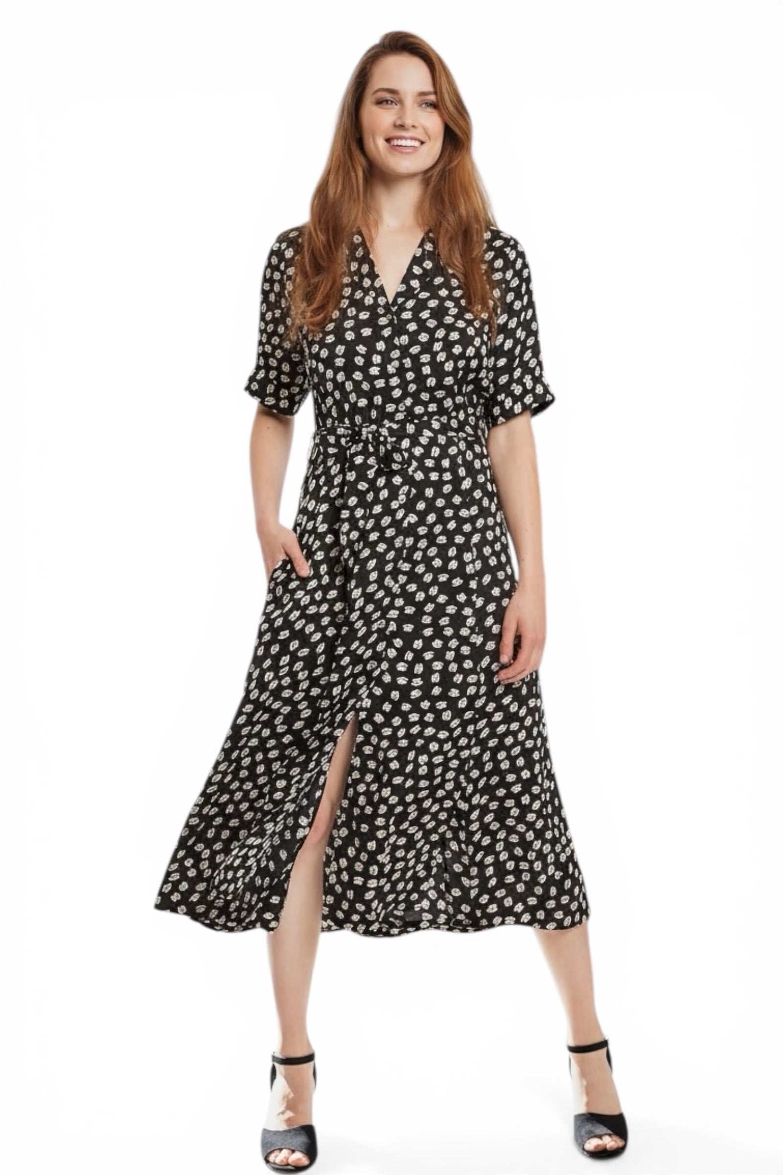 Louche Peta Call Me Print Short Sleeve Midi Shirt Dress – BlackWhite