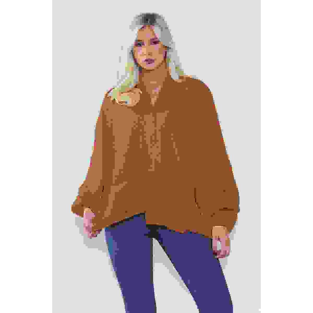 Stylish Oversized Cropped Knitted Cardigan with Balloon Pockets – Rust One Size Fits