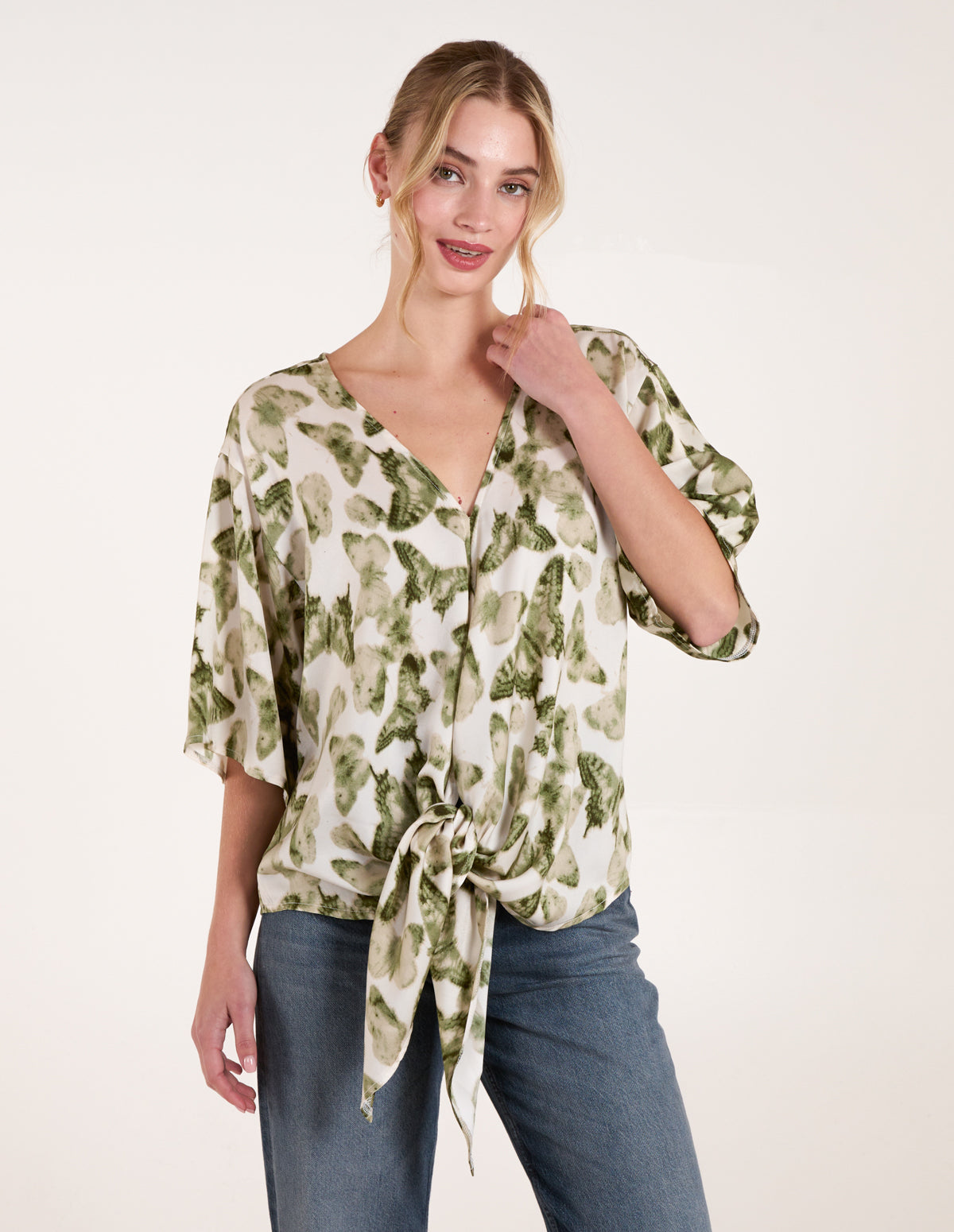 Tie Front Watercolour Butterfly Printed Top – SM GREEN Tie Front Watercolour Butterfly Printed Top – SM GREEN