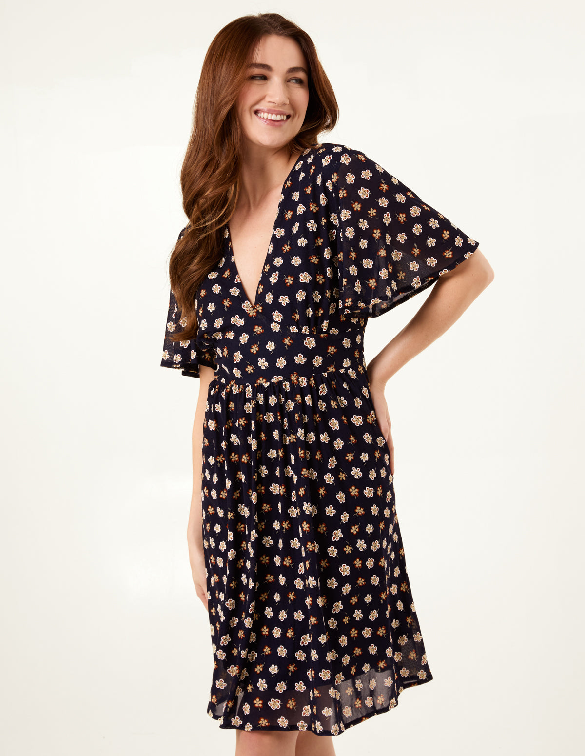 V Neck Tie Back Flower Printed Mini Dress – L NAVY V Neck Tie Back Flower Printed Mini Dress – L NAVY