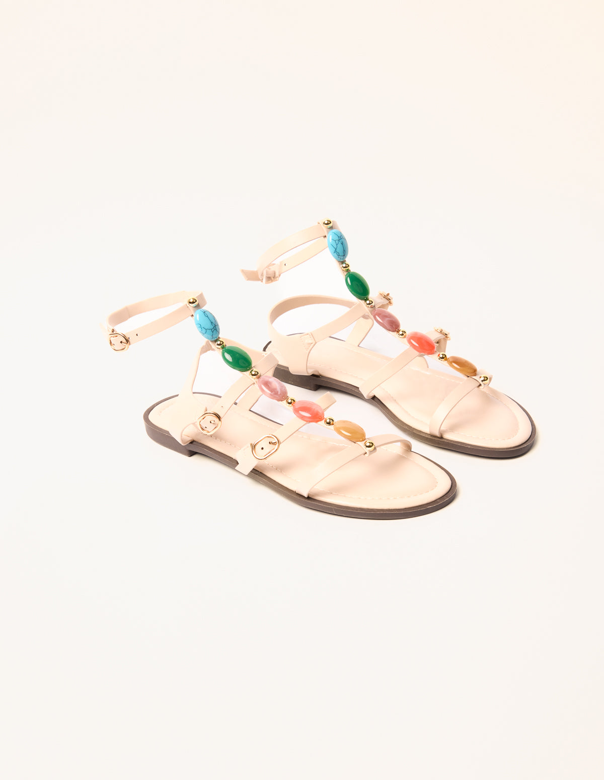 Beaded Gladiator Flat Sandals – BEIGE