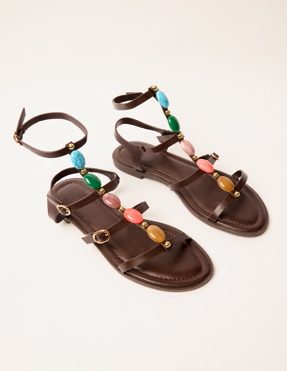 Beaded Gladiator Flat Sandals – BROWN