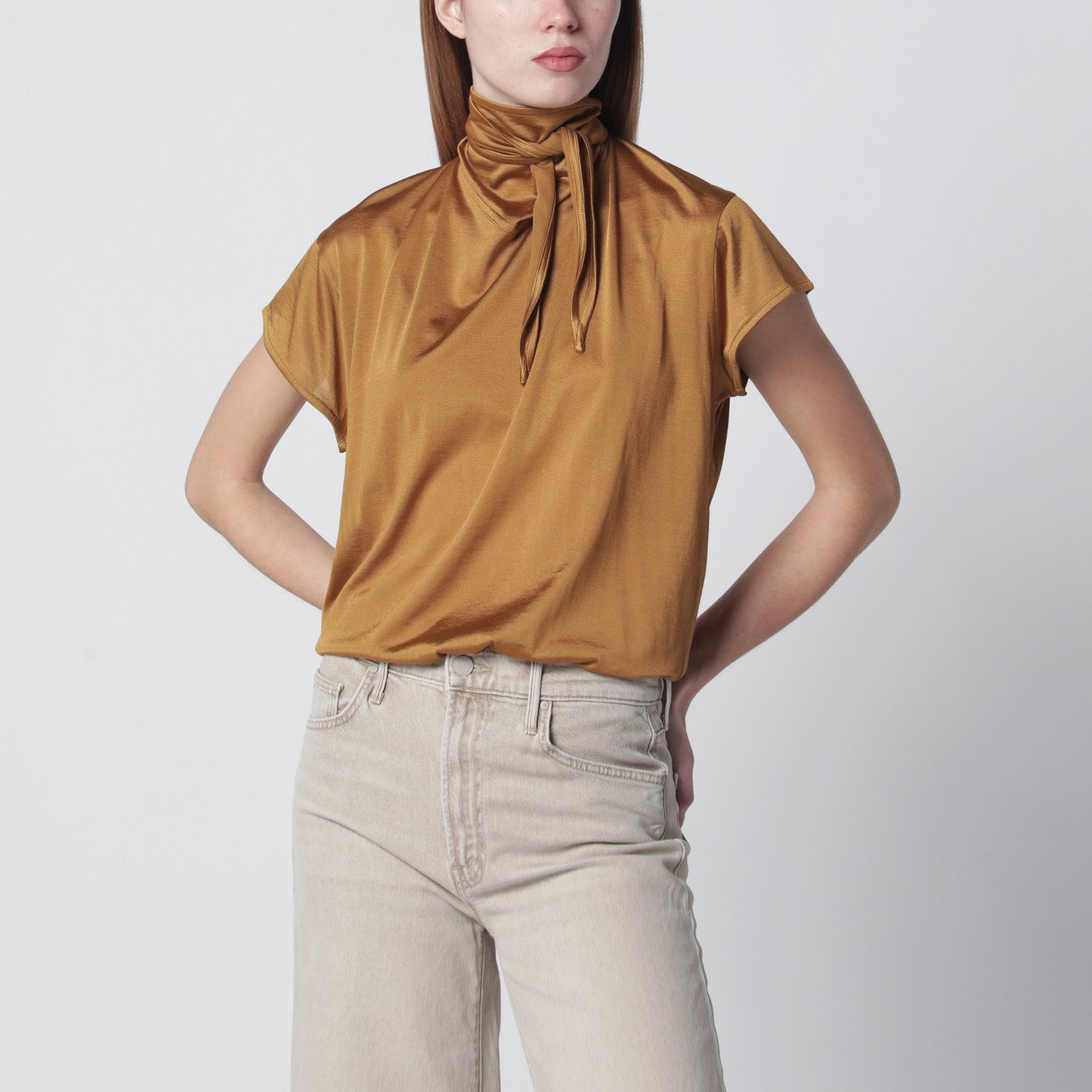 Cinnamon-brown shirt with scarf detail Cinnamon-brown shirt with scarf detail