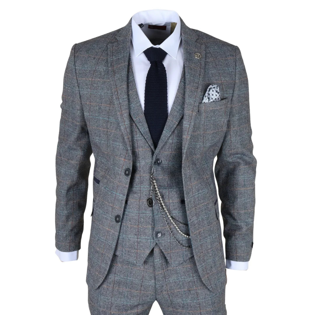 STZ – Men’s Piece Suit Wool Tweed Light Blue Grey Check – ” Jacket ” Trousers
