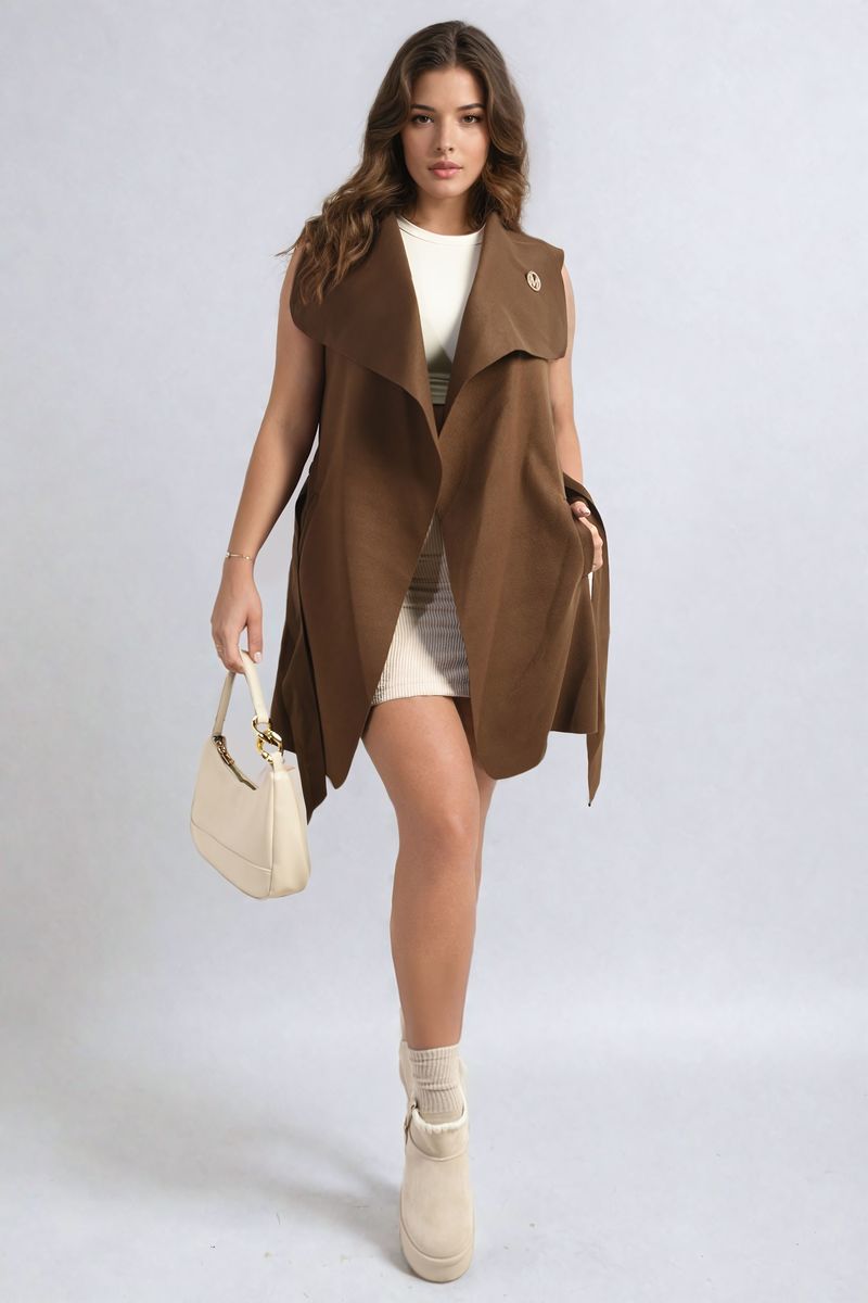 Wide Lapel Sleeveless Belted Jacket – BROWN ONE SIZE –