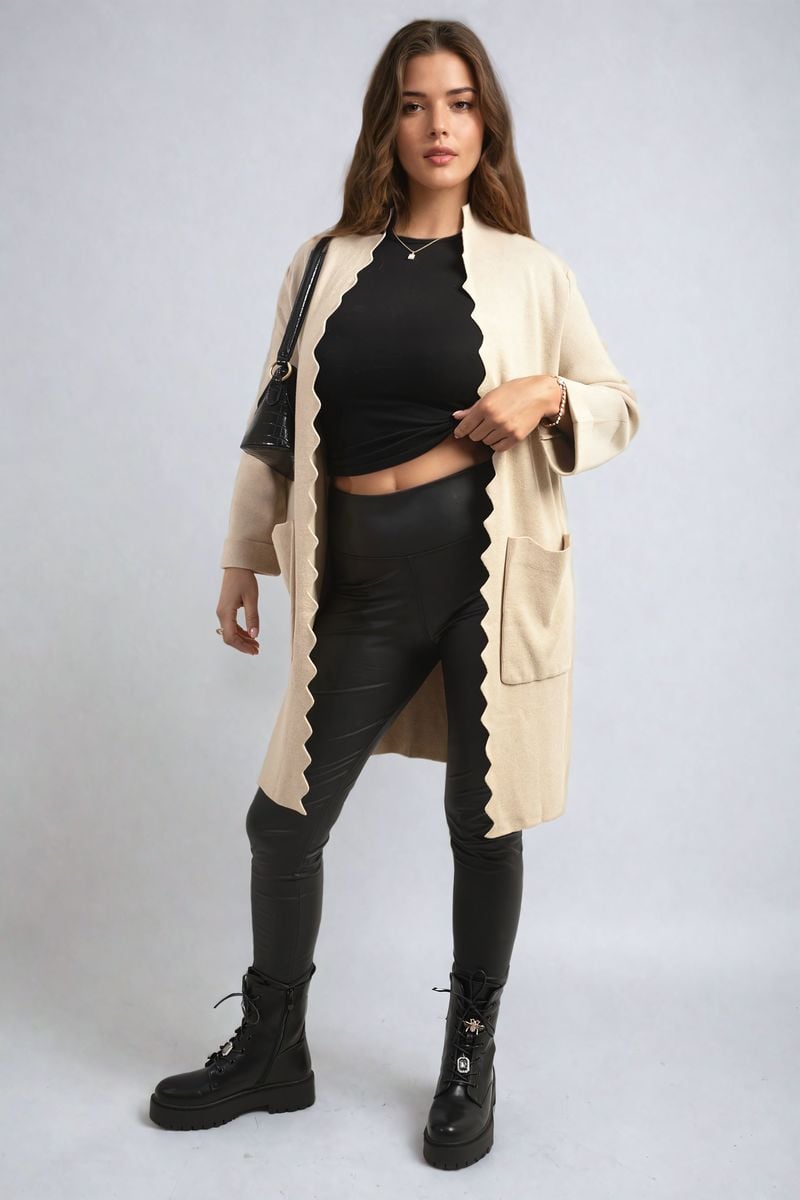 Wave Trim Knitted Cardigan with Front Pockets – Beige ONE SIZE –