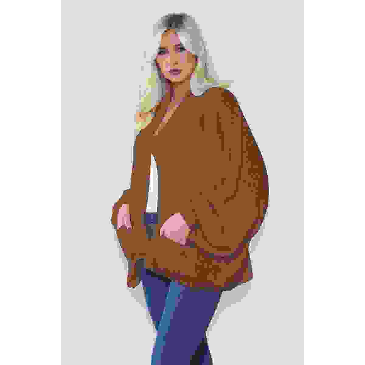 Stylish Oversized Cropped Knitted Cardigan with Balloon Pockets – Brown One Size Fits