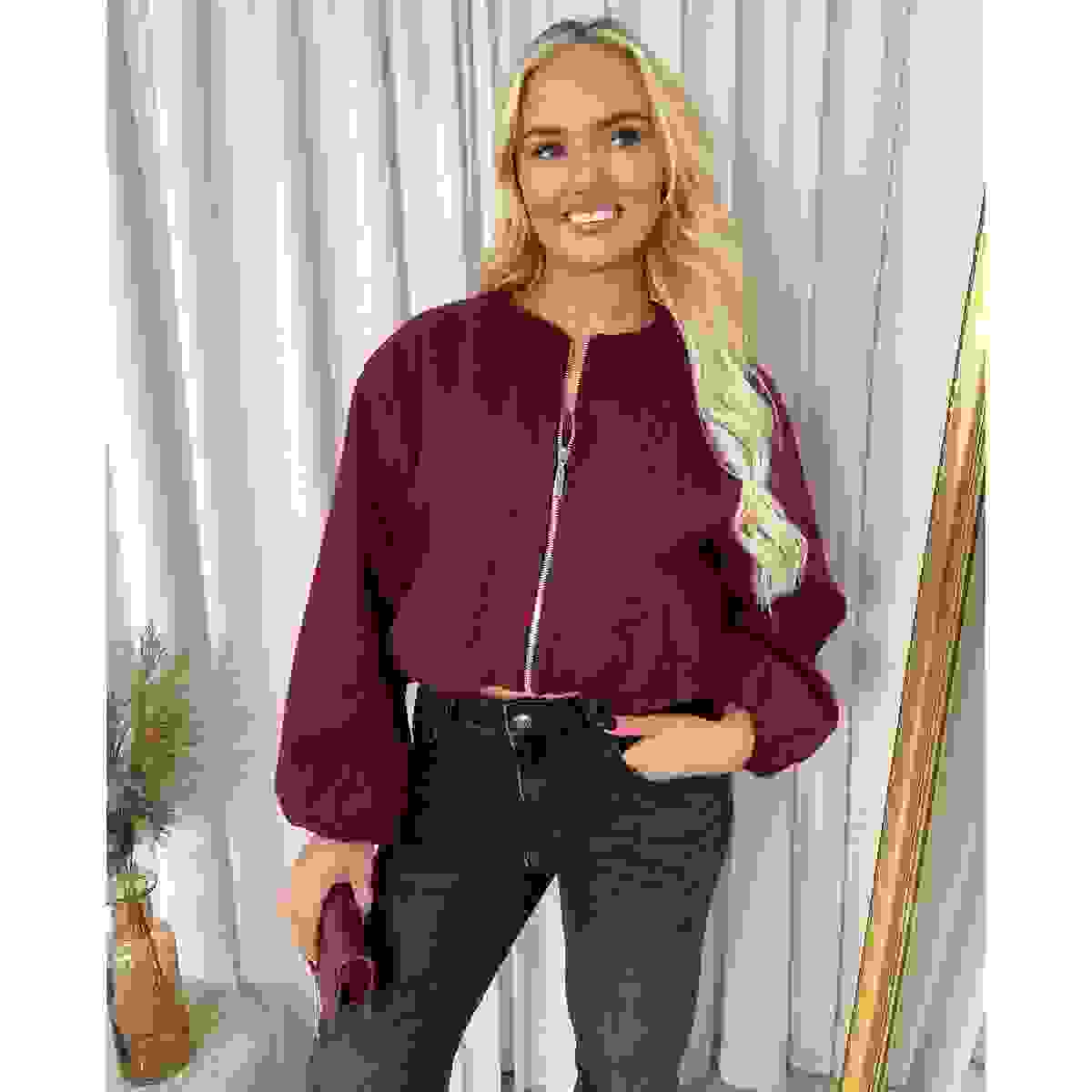 Cropped Zip Up Balloon Sleeve Bomber Jacket – Wine ONE SIZE – Cropped Zip Up Balloon Sleeve Bomber Jacket – Wine ONE SIZE –