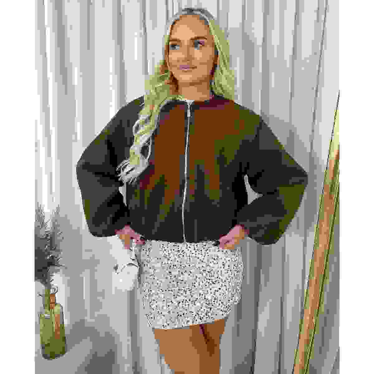 Cropped Zip Up Balloon Sleeve Bomber Jacket – BROWN ONE SIZE –