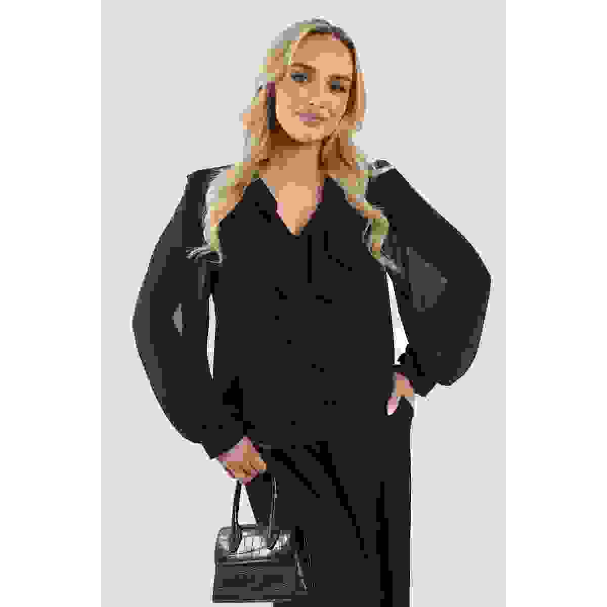 Ruffle Trim Front Long Sleeve Top – Black SM