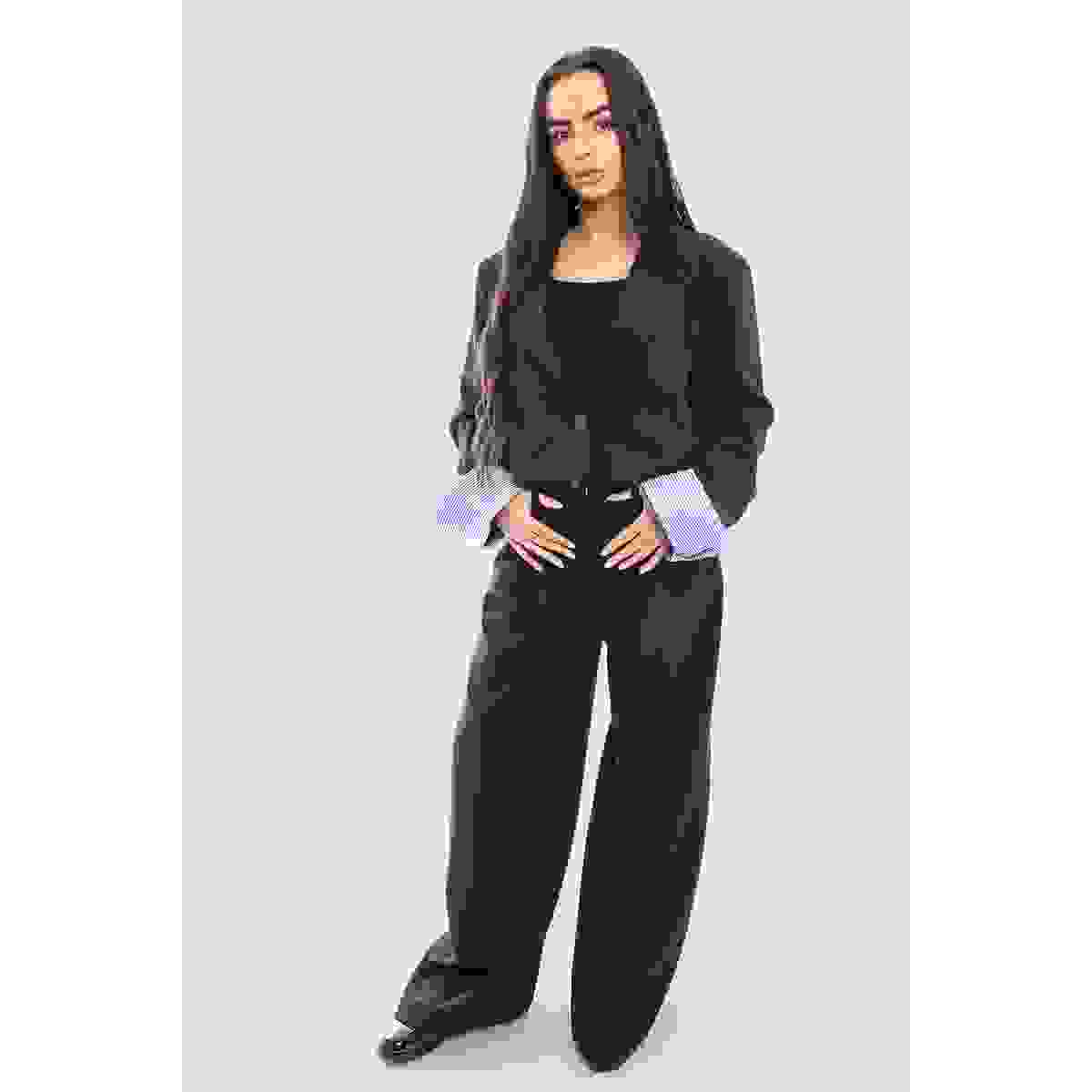 Long Sleeve Cropped Blazer Top And Straight Leg Trouser Co-ord Set – Black ML