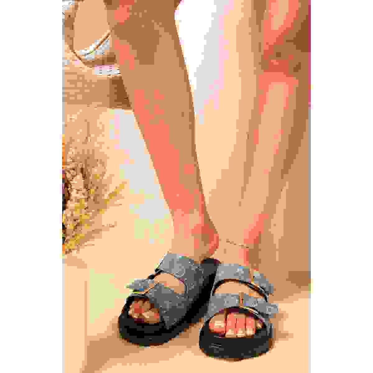 Double Buckle Studded Slip On Sandals