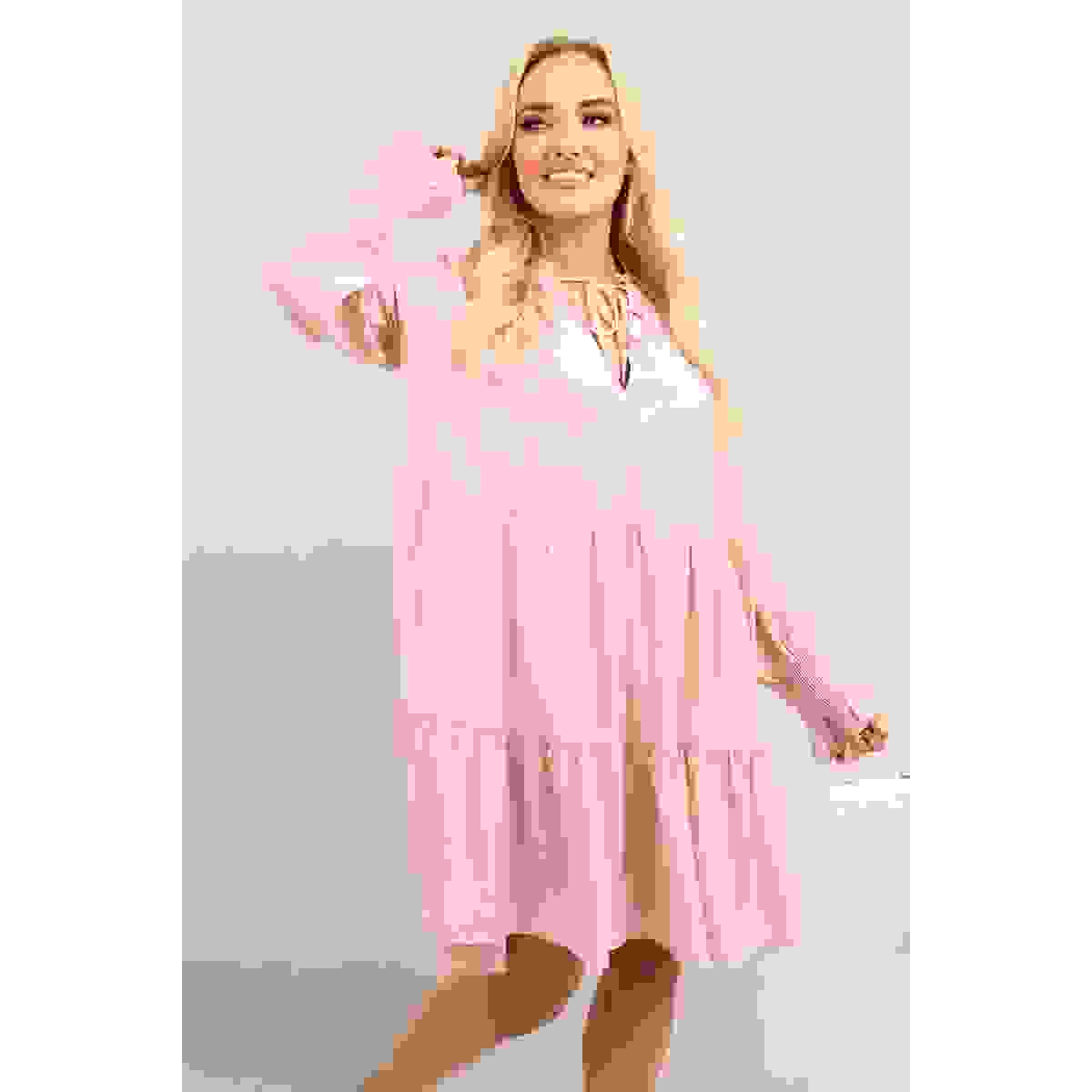 Long Sleeve Front Tie Tiered Mini Dress – Pink ML Long Sleeve Front Tie Tiered Mini Dress – Pink ML