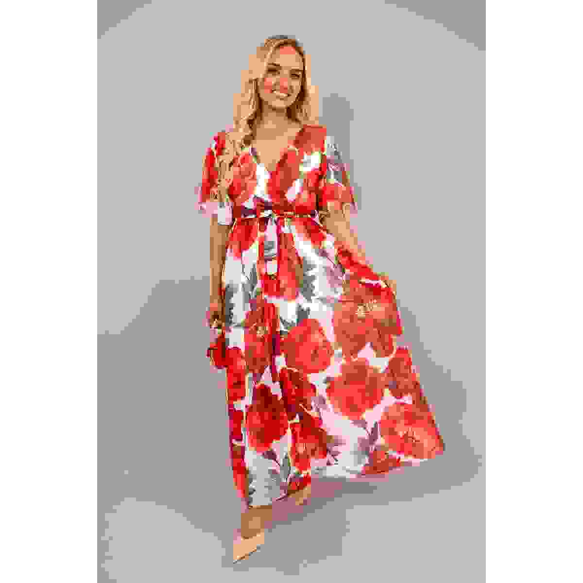 Floral V Neck Short Sleeve Maxi Dress with Tie Waist – White SM Floral V Neck Short Sleeve Maxi Dress with Tie Waist – White SM