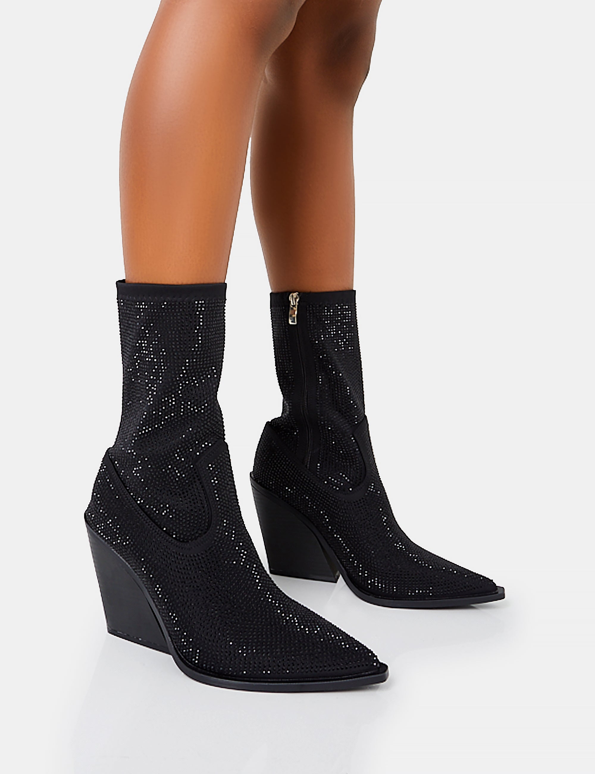 Wild One Black Diamante Western Cowboy Pointed Toe Block Heel Ankle Boots Wild One Black Diamante Western Cowboy Pointed Toe Block Heel Ankle Boots
