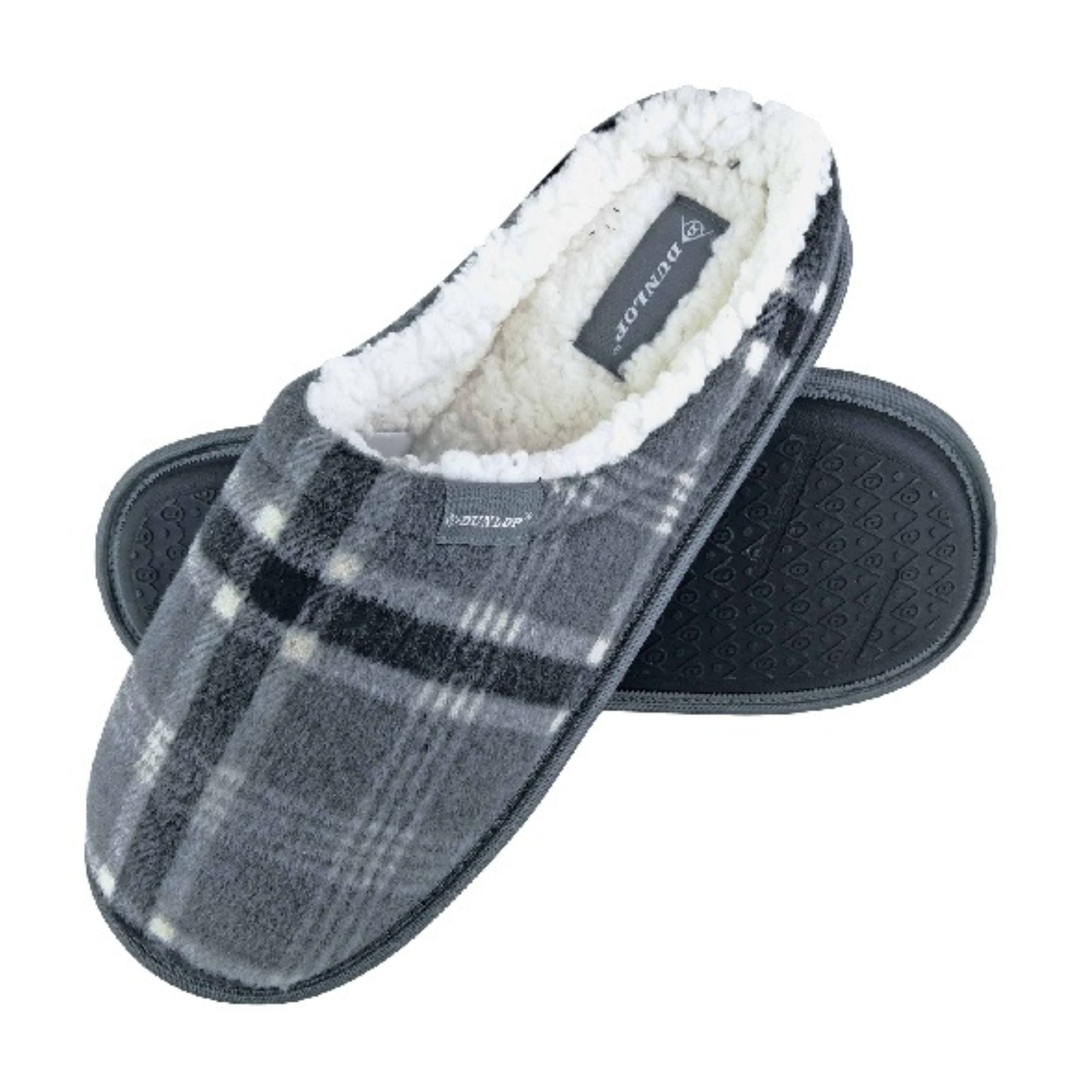 Mens Plush Fleece Lined Slip On Mule Checked Plaid Slippers Sizes – Grey