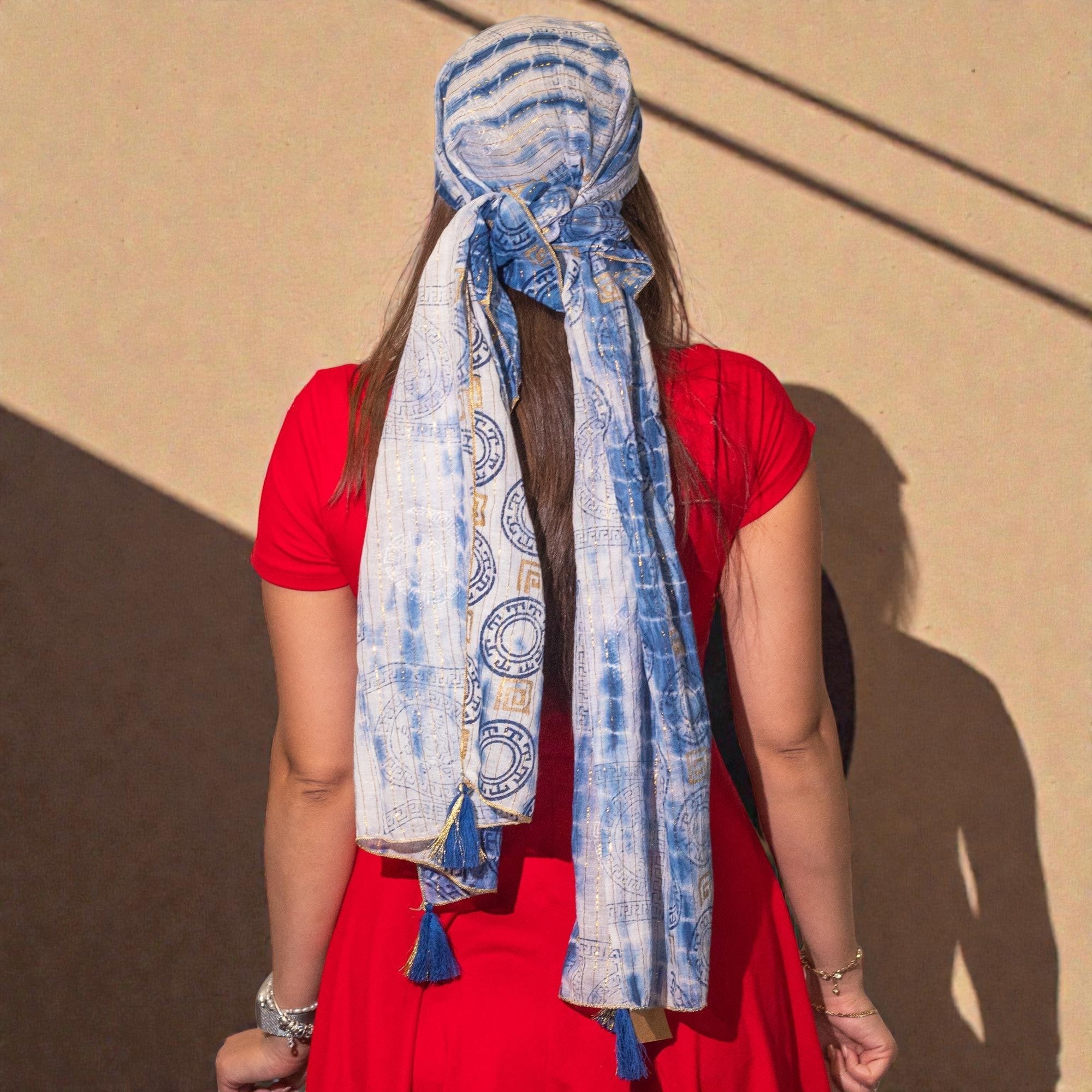 Nomad Sari Summer Marbella Print Scarf Blue with Gold x