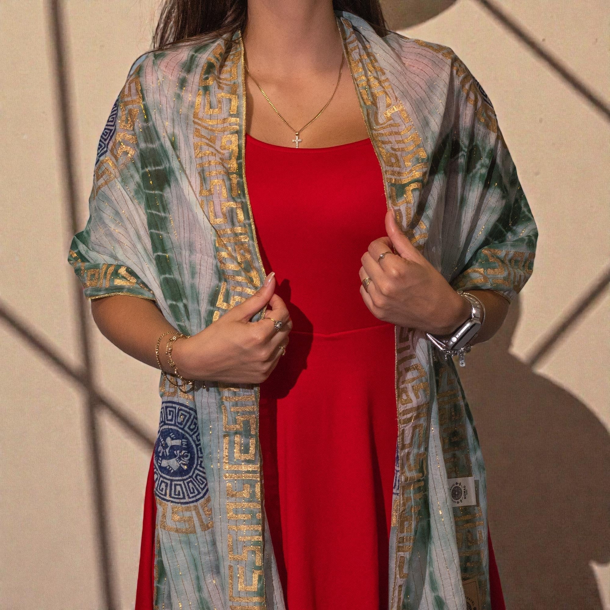 Nomad Sari Summer Marbella Print Scarf Green with Gold x