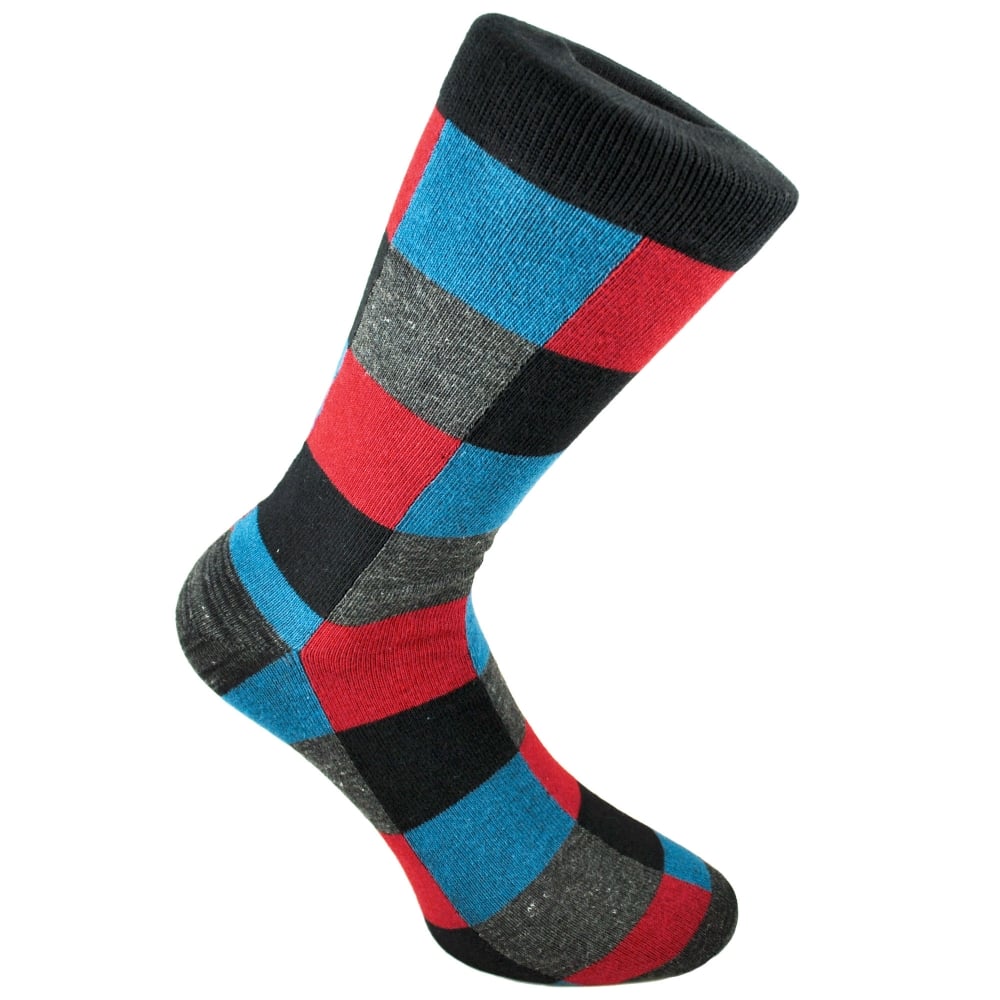 Black, Grey, Blue & Red Square Patterned Men's Socks