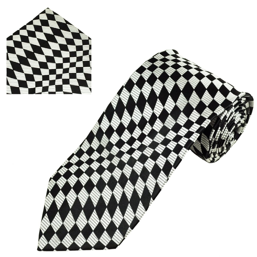 Black & Silver Chequered Men's Silk Tie & Pocket Square Set